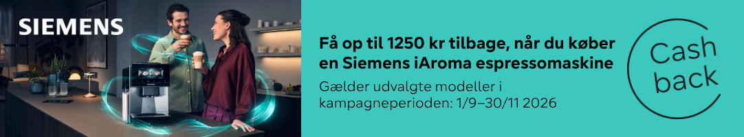 Banner med information omkring Siemens cashback kampagne på espressomaskiner.
