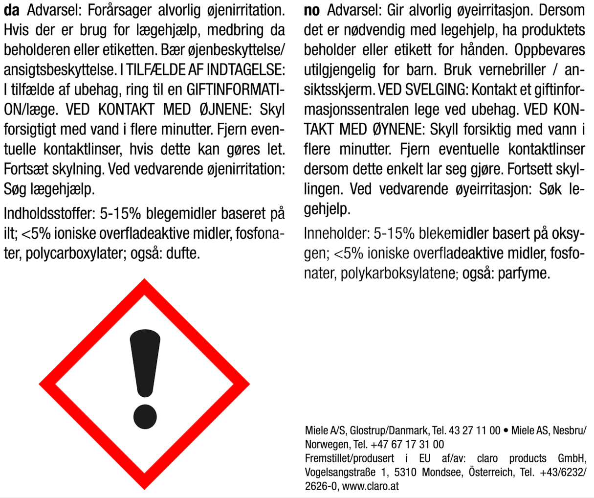 Advarselsskilt til Miele maskinrens