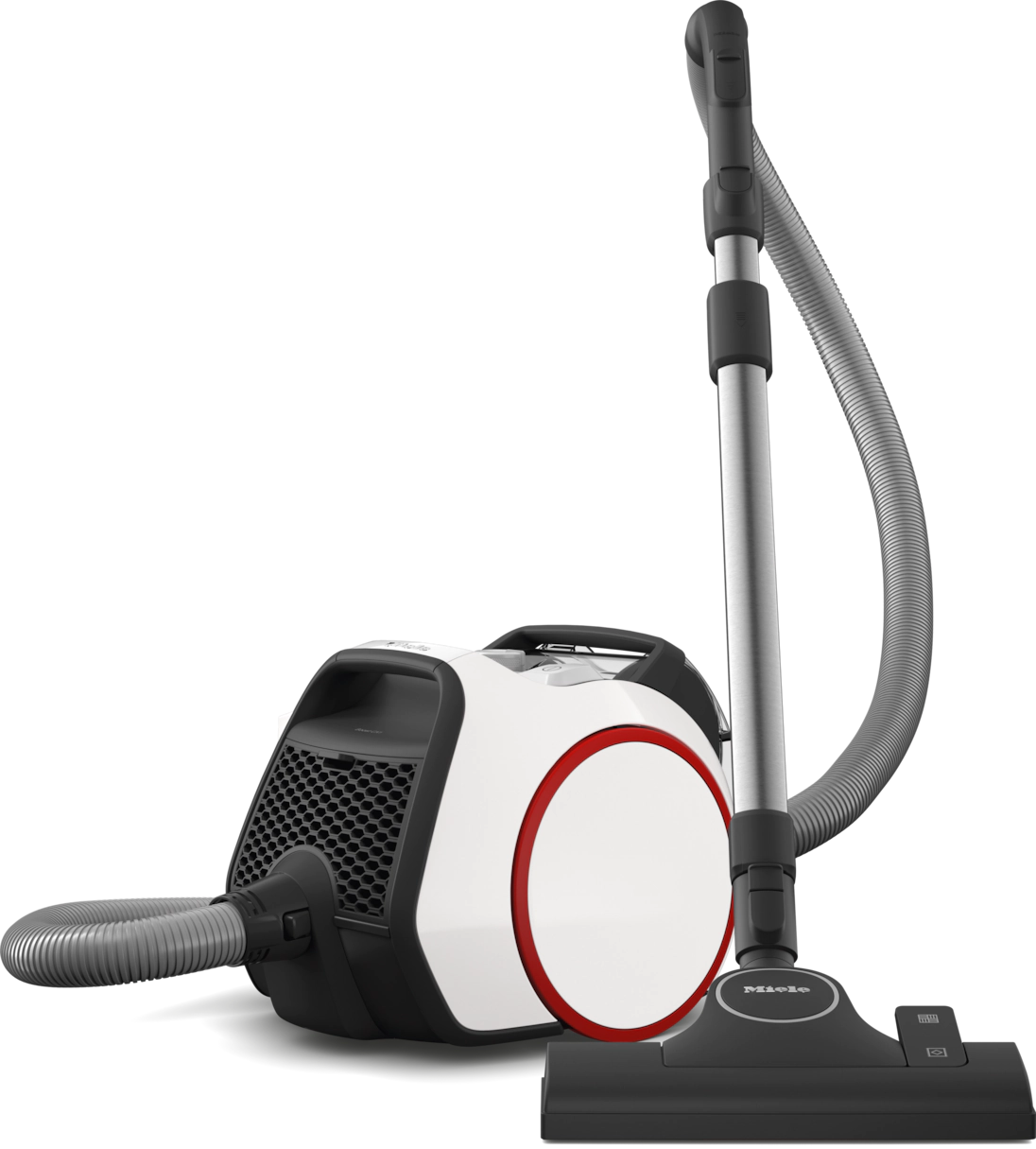 miele poseløs støvsuger i rød, hvid og sort