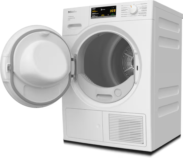 Åbnet lågen til tumbleren på Miele TSA523WP 8kg Active tørretumbler med varmepumpe