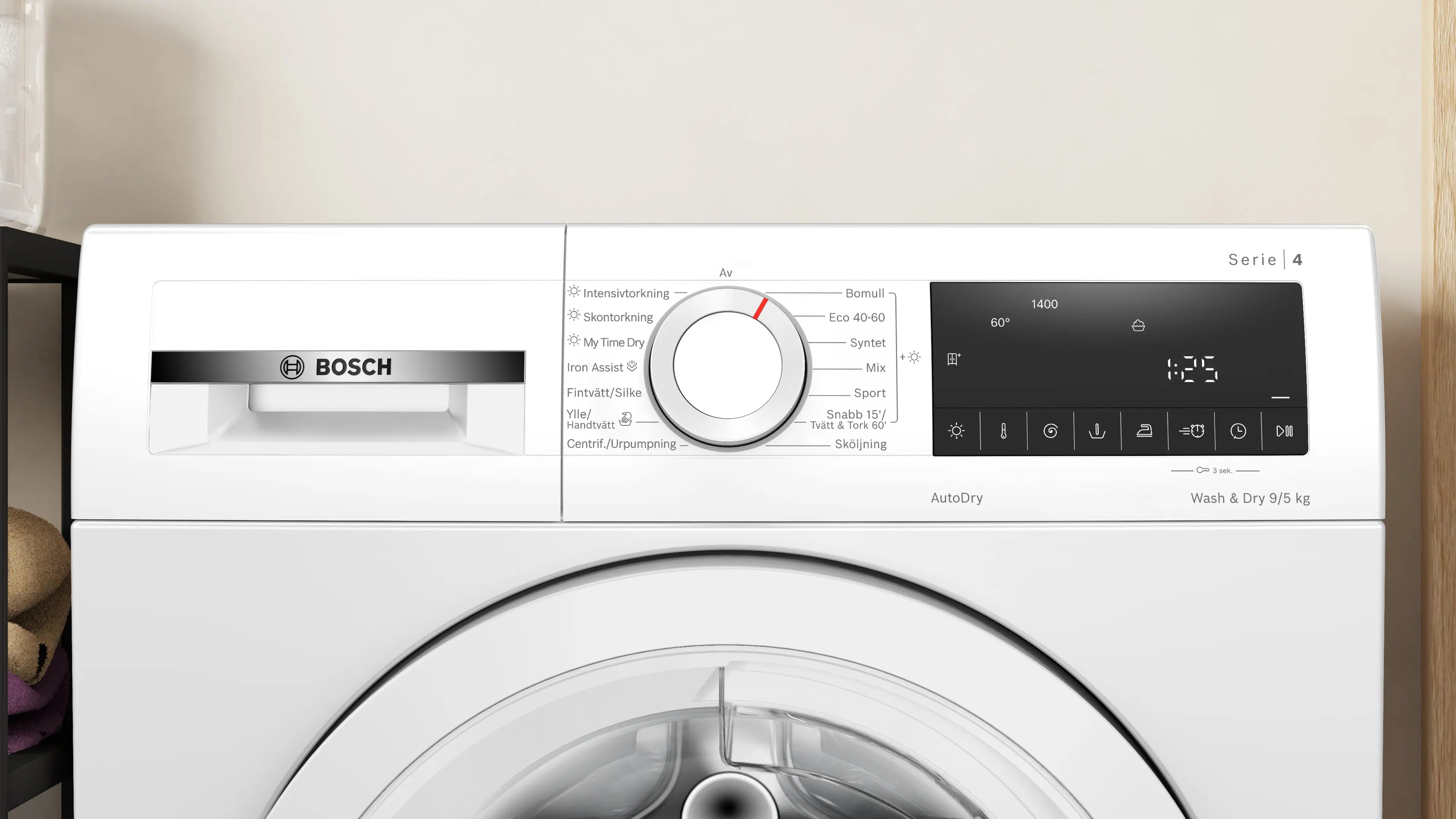 Kontrolpanelet på Bosch WNA144VLSN vaske-tørremaskine