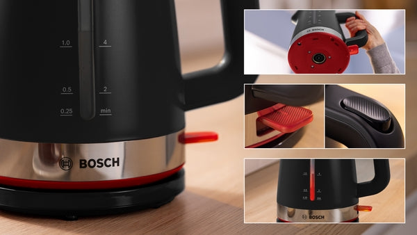 Nærbilleder af Bosch elkedel i sort og rød