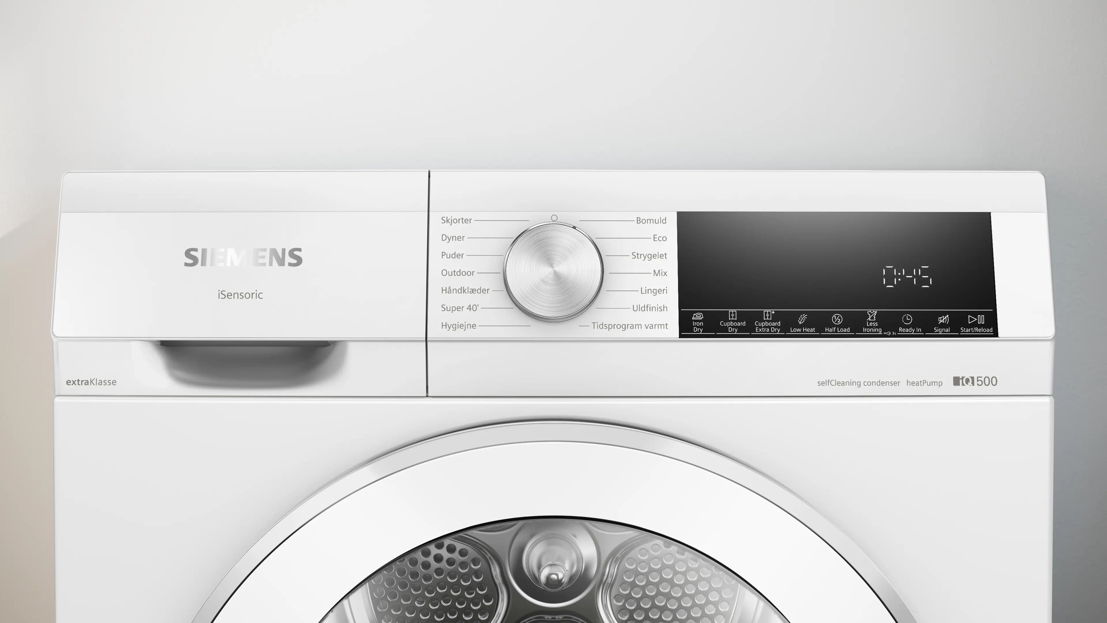 Zoomet helt ind på kontrol panelet fra Siemens extraKlasse WQ45G20FDN kondenstørretumbler med varmepumpe 9 kg