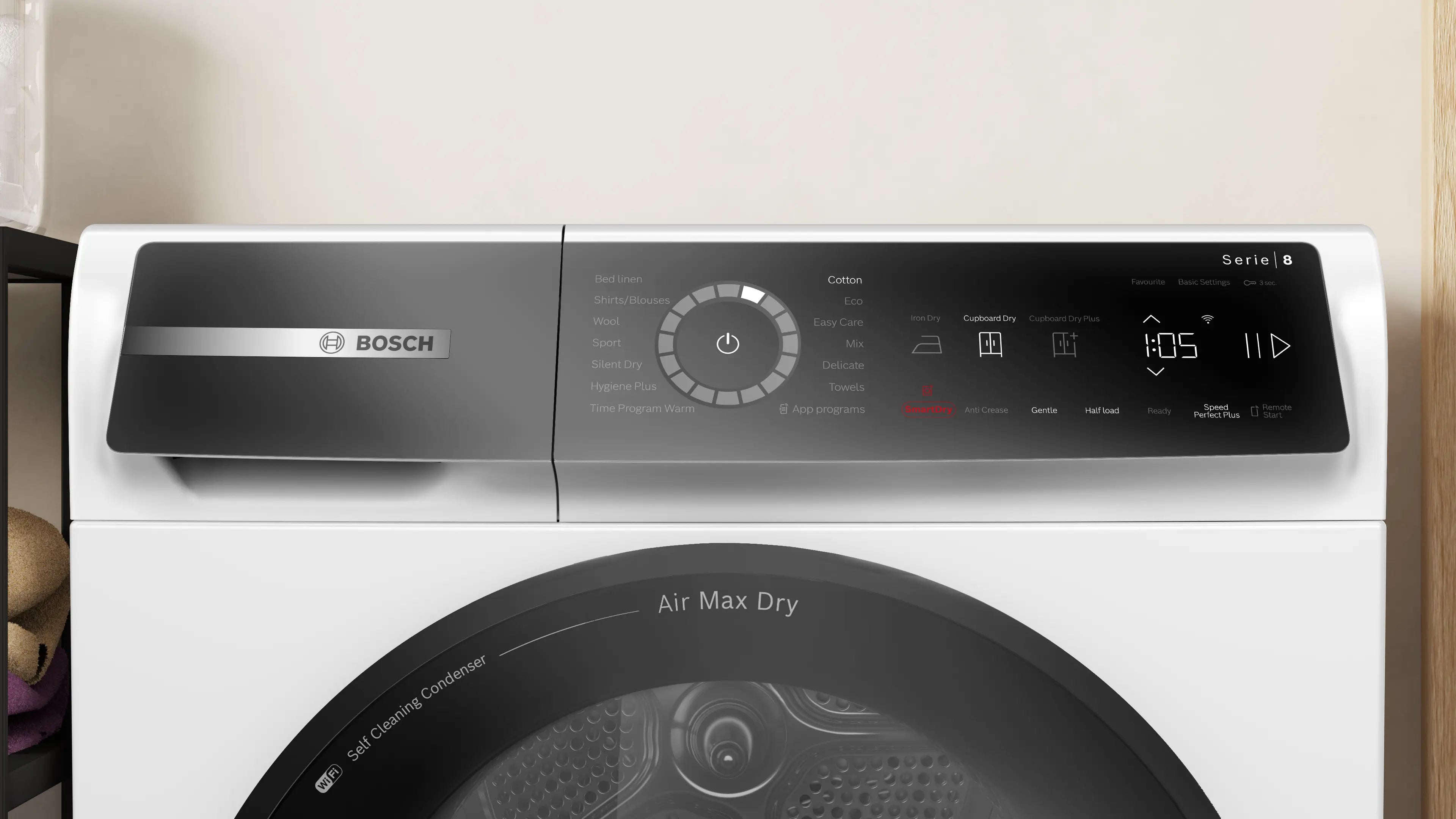 Zoomet helt ind på den nemme betjening af Bosch WRB247D0SN tørretumbler med varmepumpe 9 kg