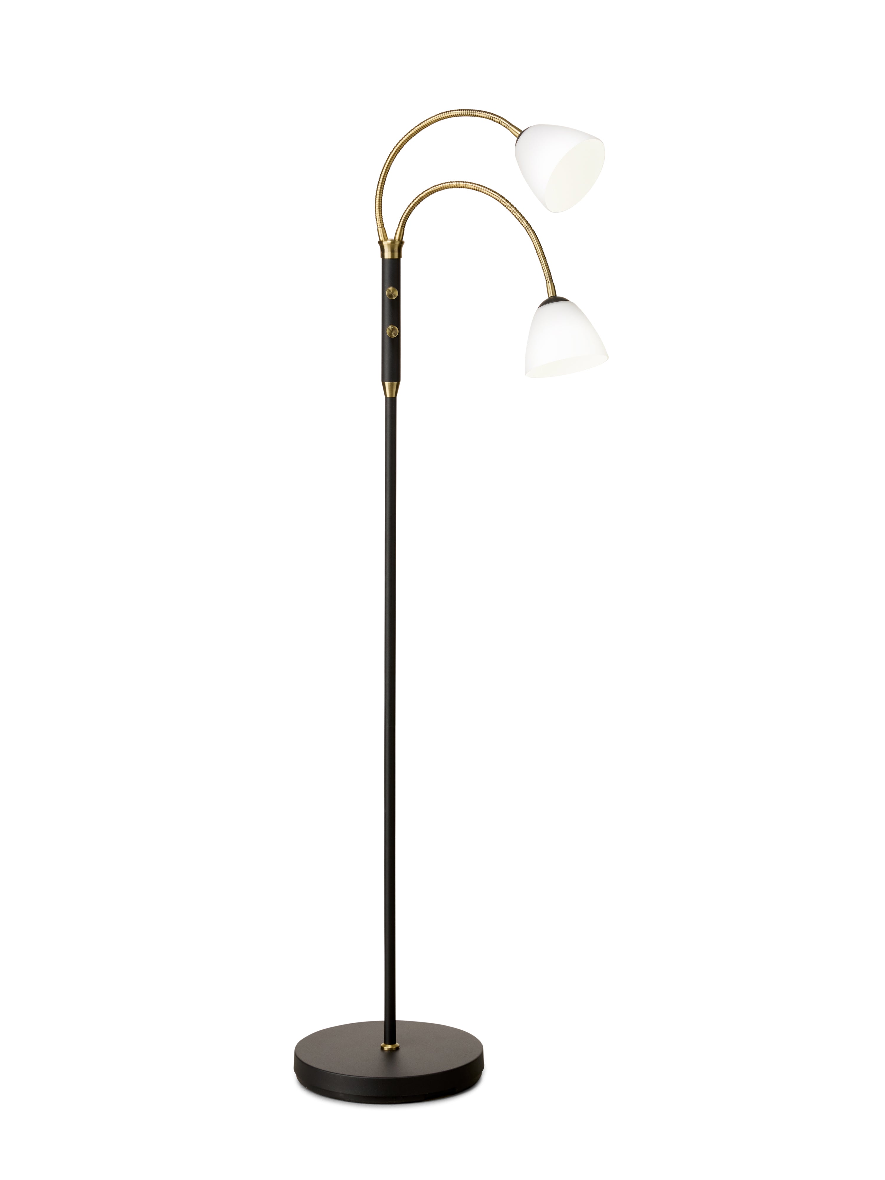 Den unikke og skandinaviske designet Lucid LED 2-Arm Gulvlampe i Opal Antique placeret foran en elegant hvid væg
