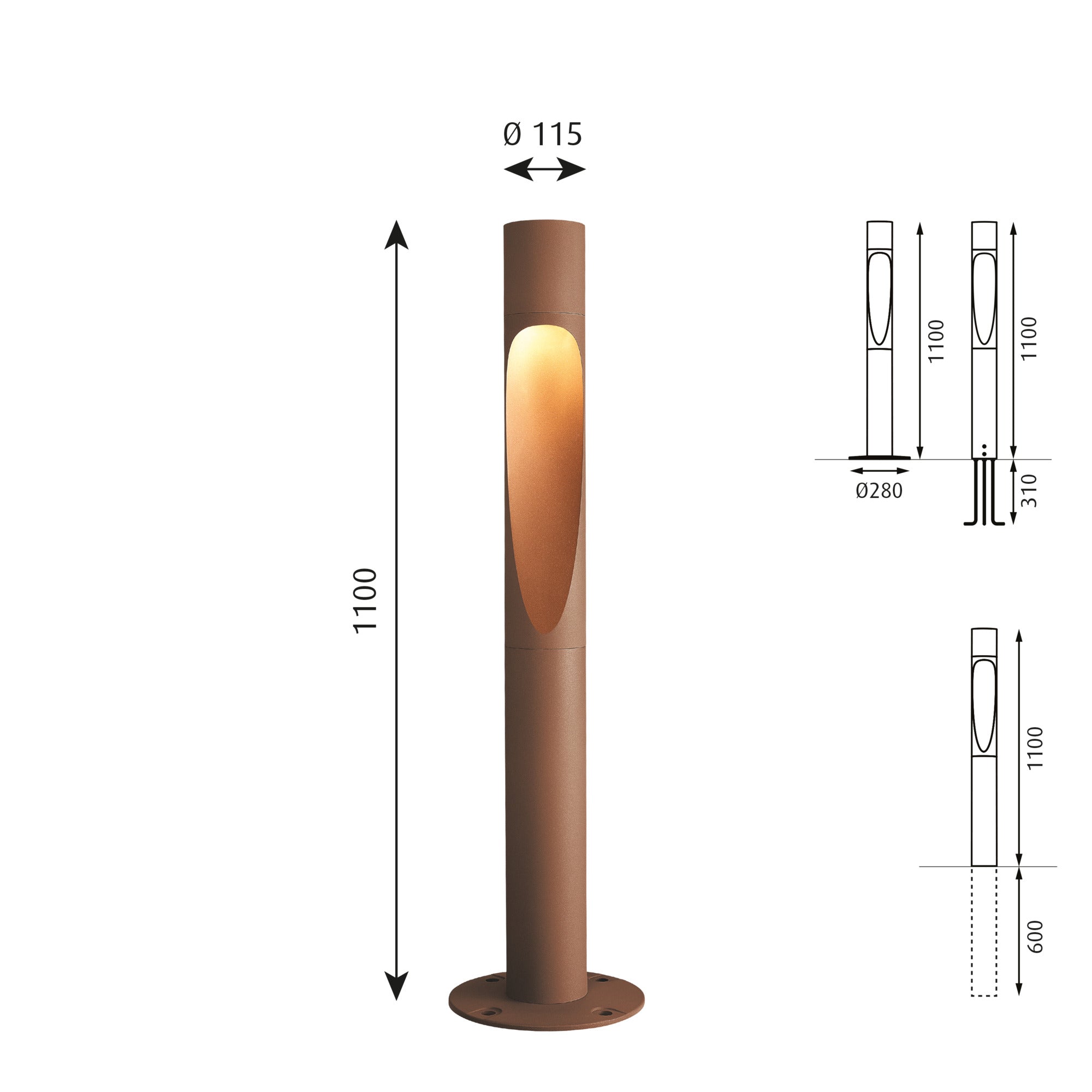 Flindt Pullert 1100mm LED 3000K 15W til nedgravning Corten