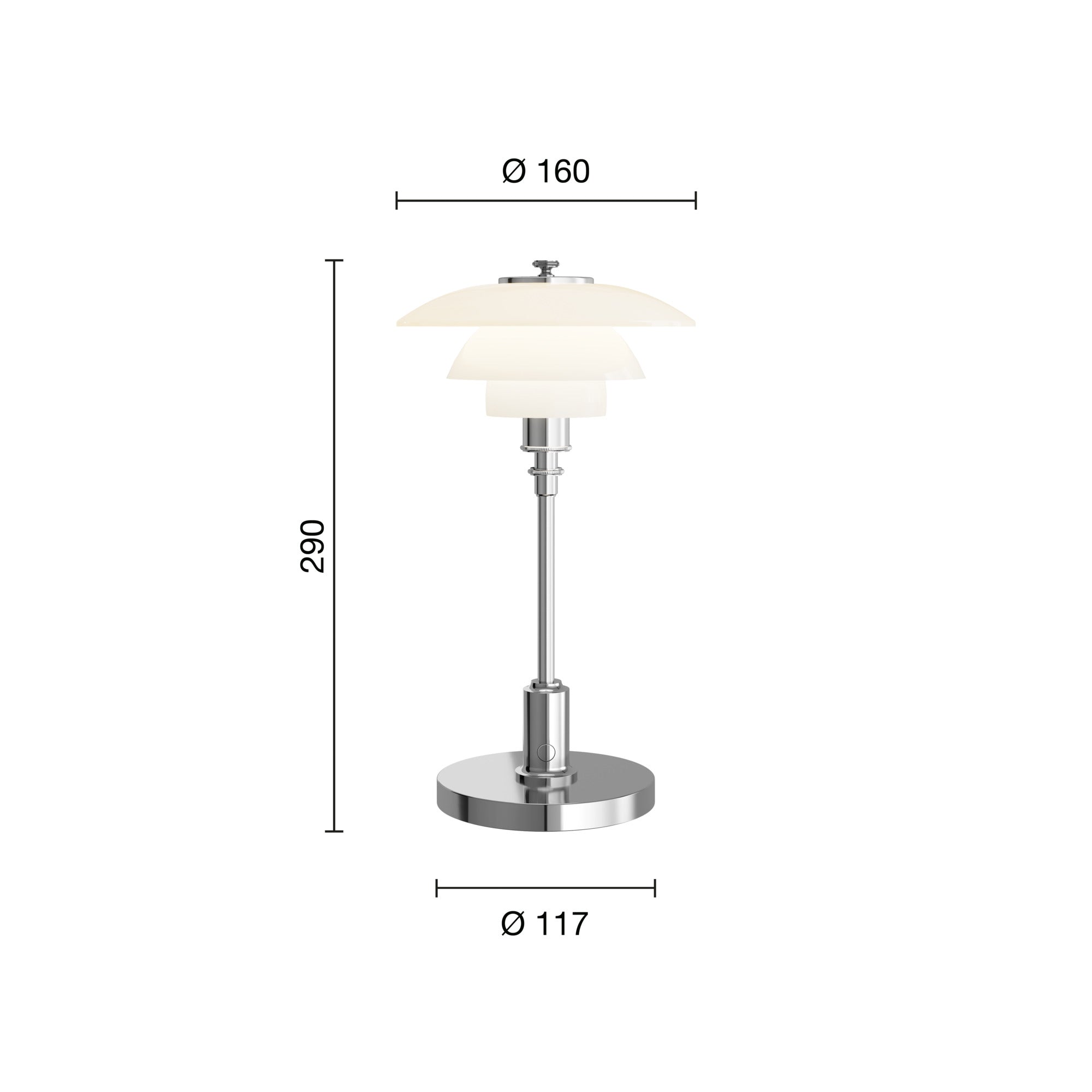 Mål på PH 1/1 Portable Lampe High Lustre Chrome Plated