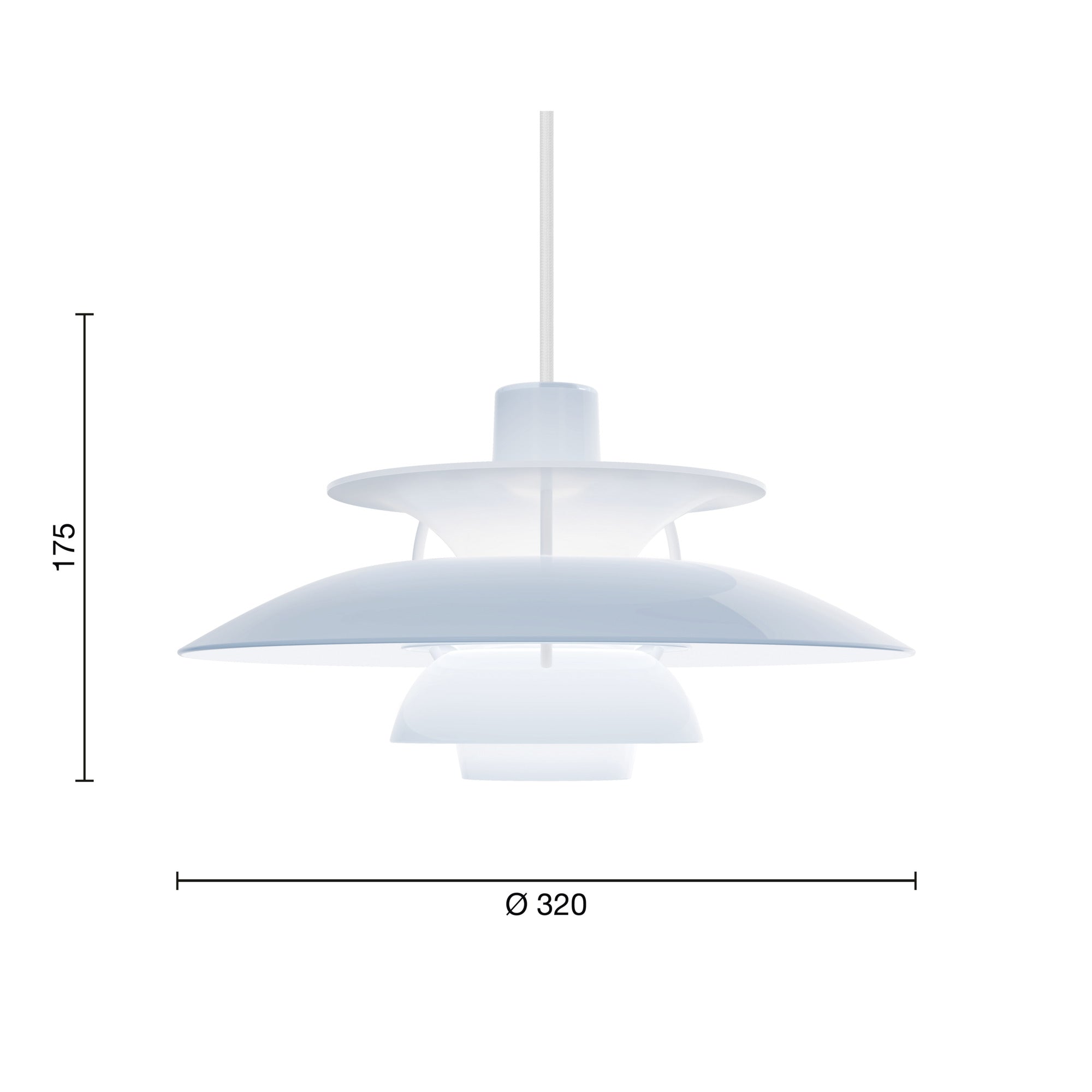Mål på PH 5 Ø320 Opal Pale Blue pendel
