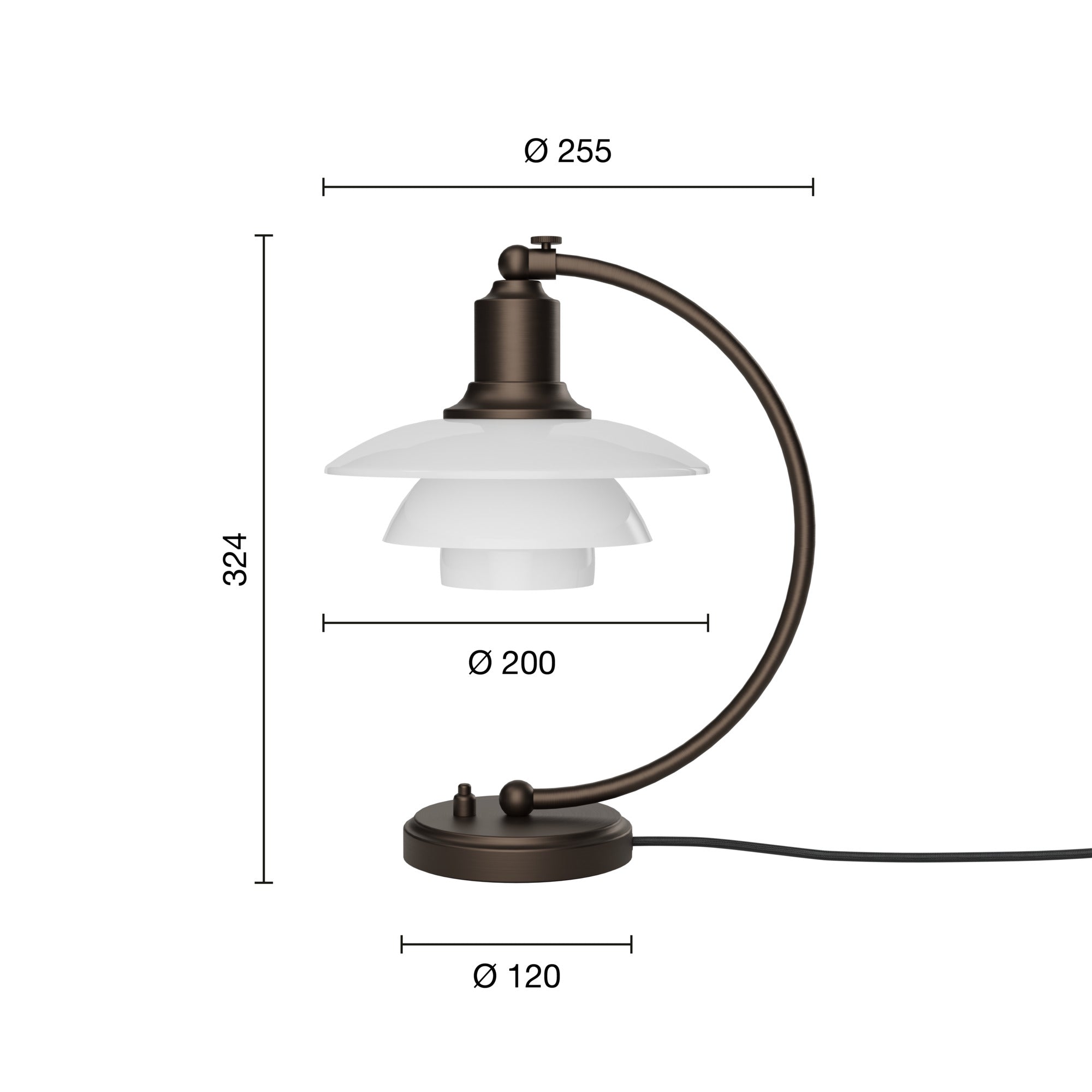 Mål på Louis Poulsen PH lampe Luna 2/2 Bordlampe Bruneret Messing/Opalglas