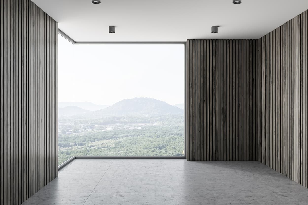 Rum med flot udsigt og Antidarks Tube Loftlampe LED i sorte der giver en tidløs kontrast og dybde