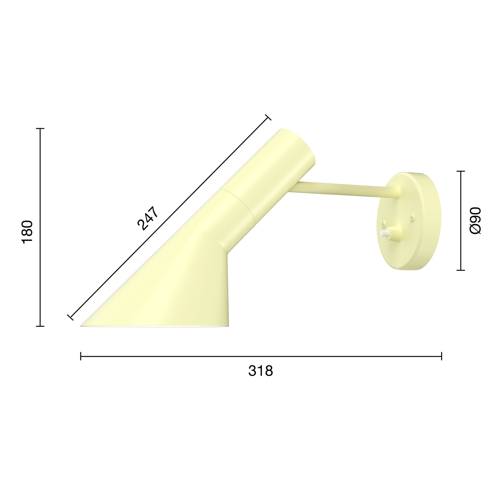 AJ væglampe i gul med dimensioner