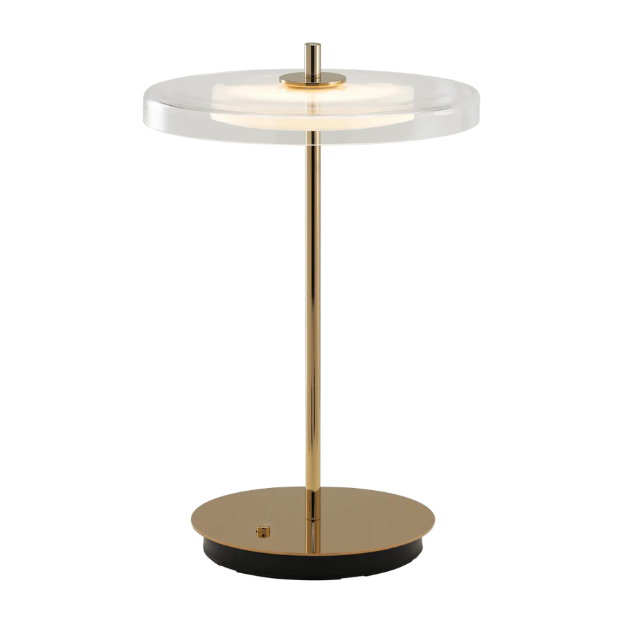 Asteria Glass Move Polished Brass Bordlampe tændt
