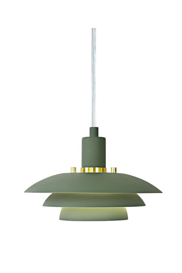 Den unikke designet Epsilon Ø20 Pendel i Grøn hængt op foran en hvid væg for ren flot kontrast