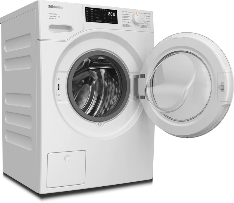 Miele vaskemaskine i hvid med låge på fronten