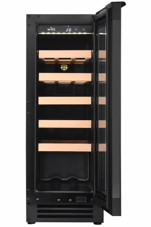 Smalt vinkøleskab med åben glaslåge