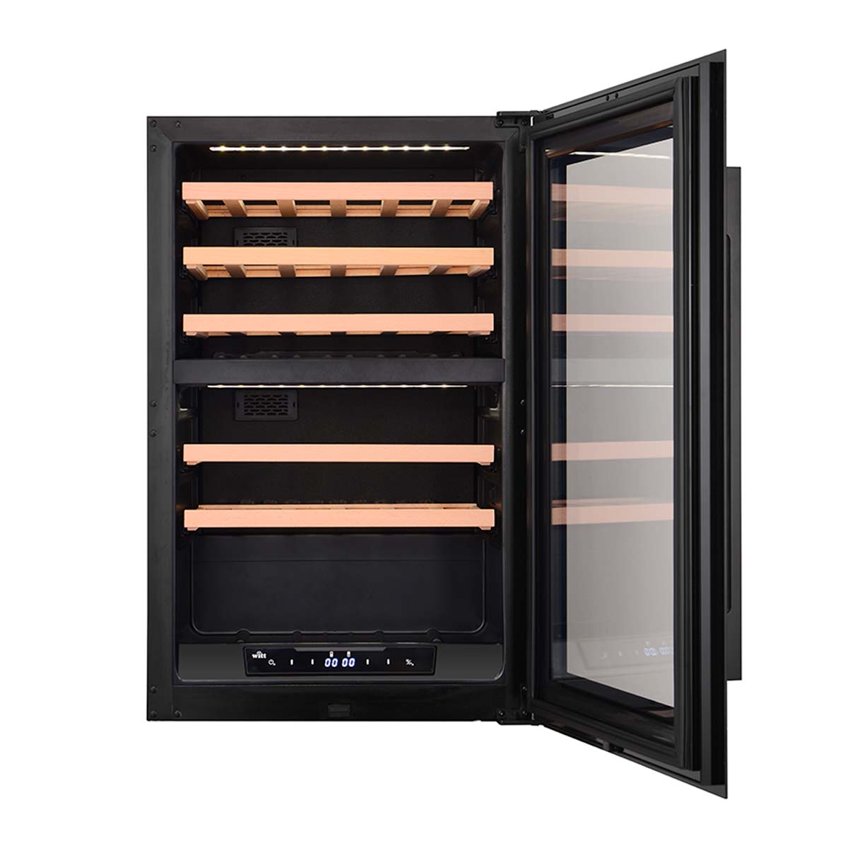 Vinkøleskab med plads til 42 flasker i sort med åben låge