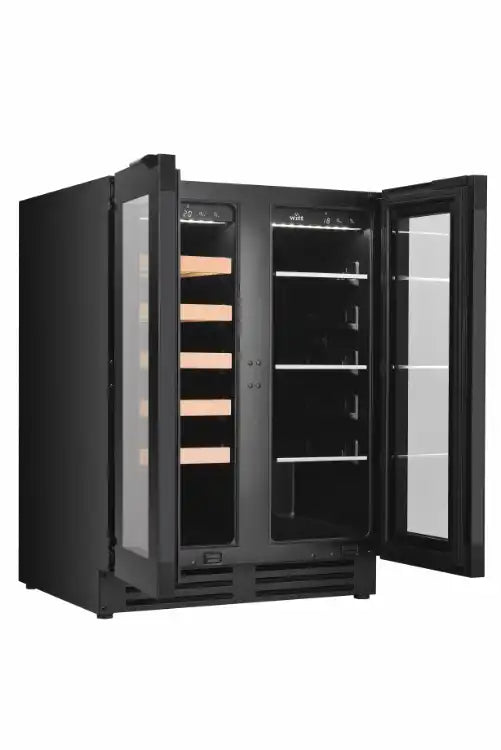 Sort Witt køleskab til både vin og dåser med åbne låger