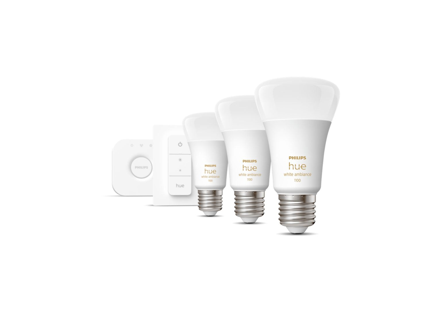 Philips Hue Startsæt 8W 1055lm v.4000K WA E27 3pak+Dim Switch BT