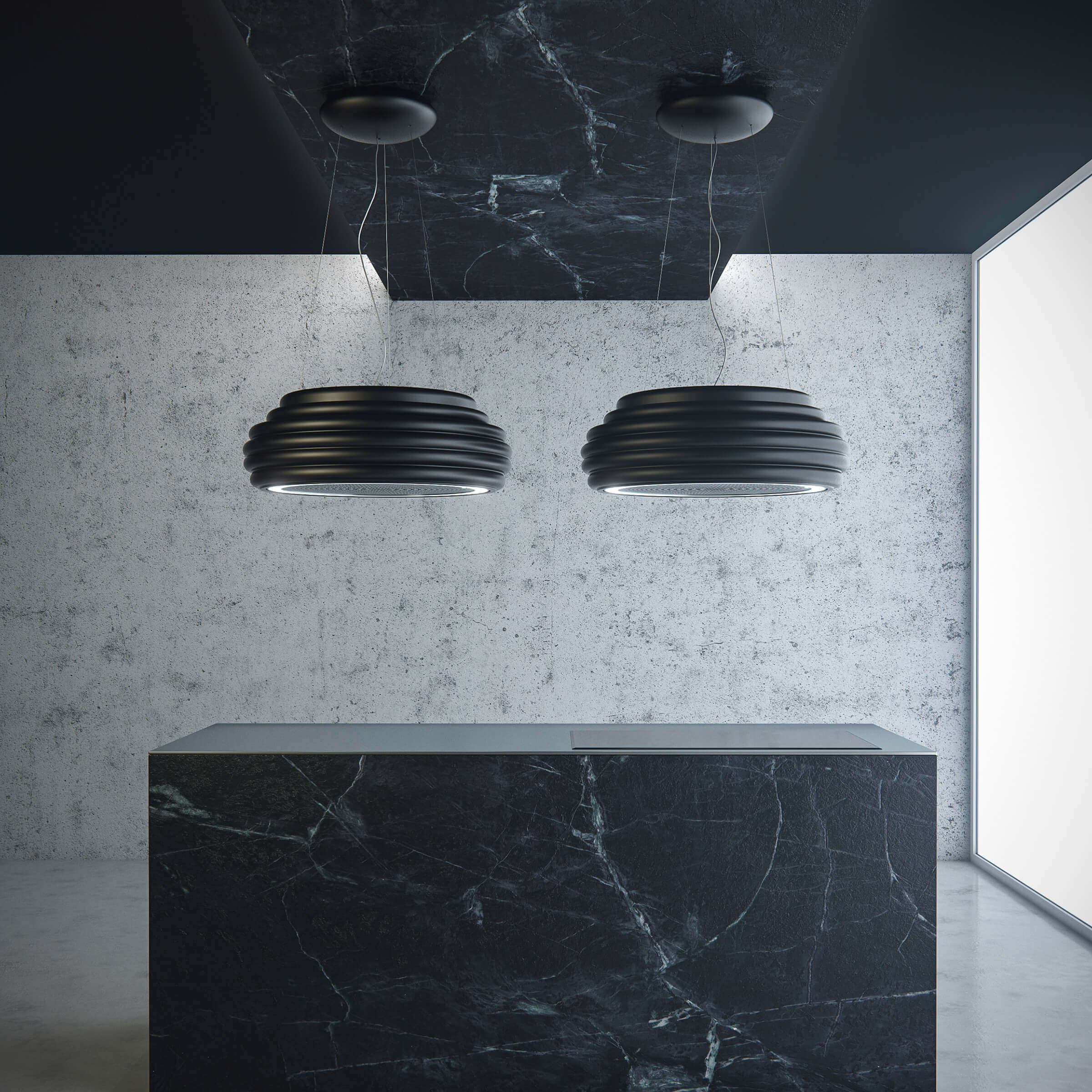 To Witt Beehive Free Matte Black hængt ved siden af hinanden i et køkken