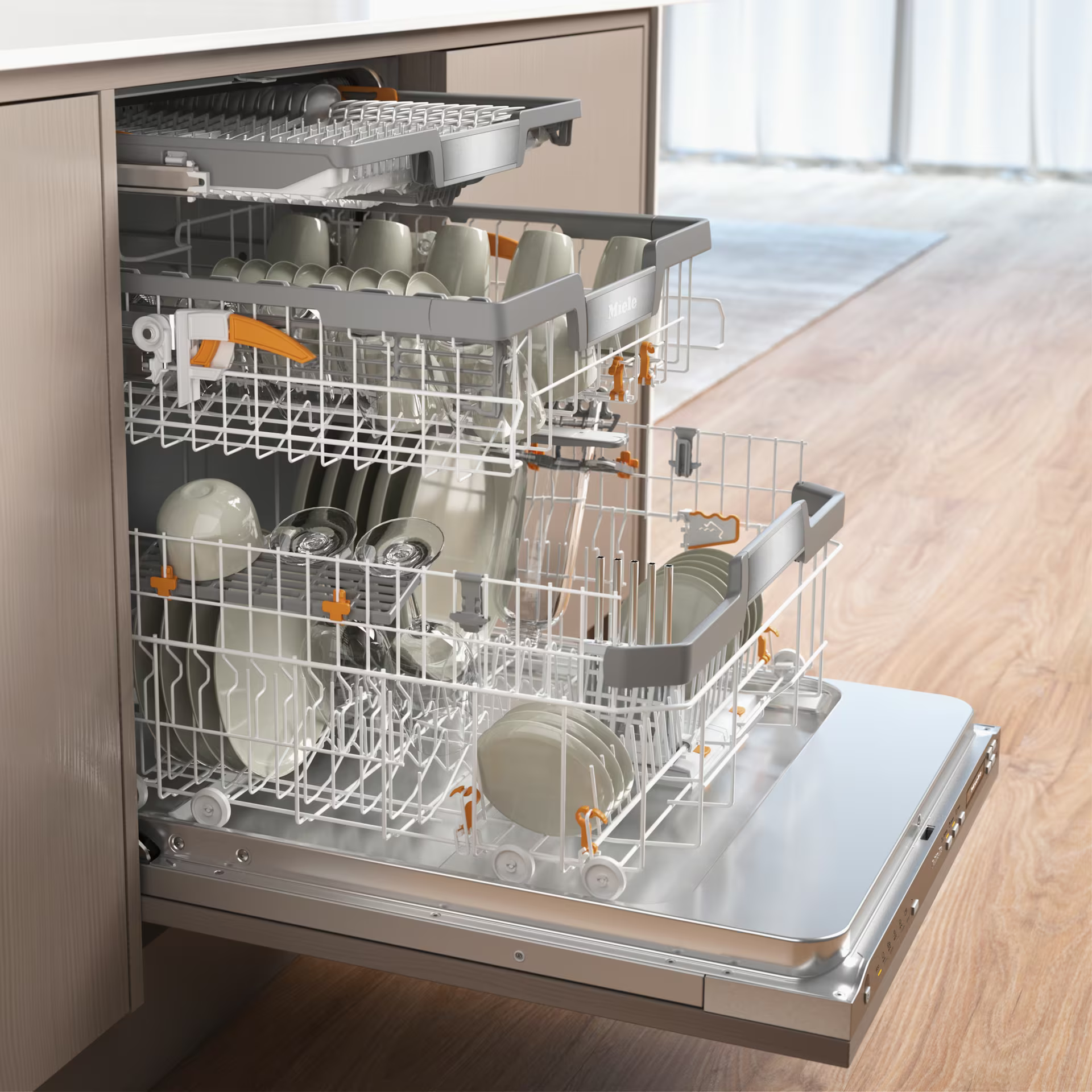 Miele G 7294 SCVi Excellence rustfrit stål opvaskemaskine til integrering åben med bestik og service