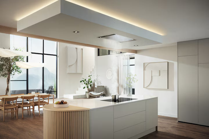 Miele DAC 2940 Stella rustfrit stål loftsintegreret emhætte installeret i køkken/alrum