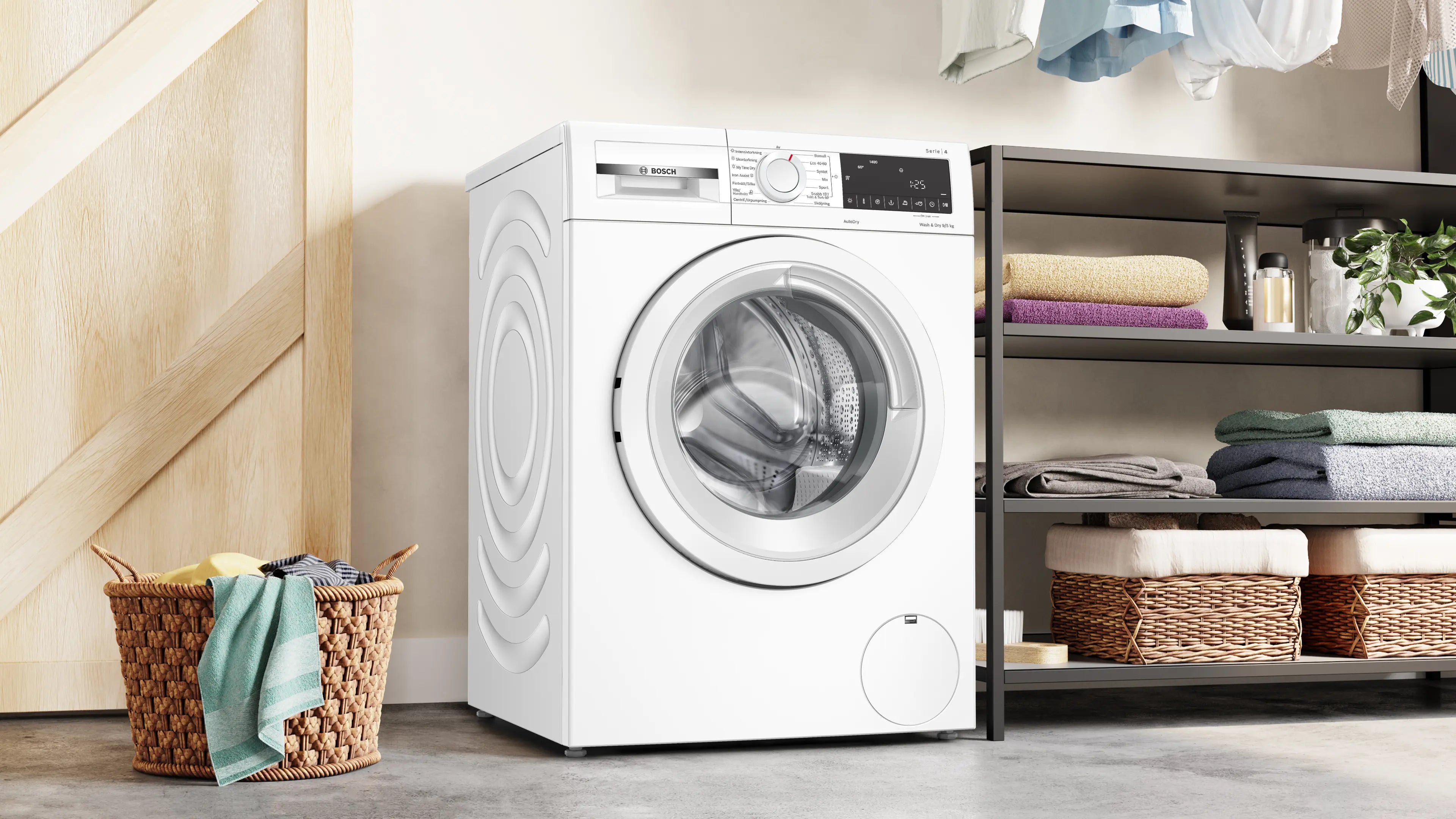 Den elegante designet Bosch WNA144VLSN vaske-tørremaskine placeret i vaskerummet