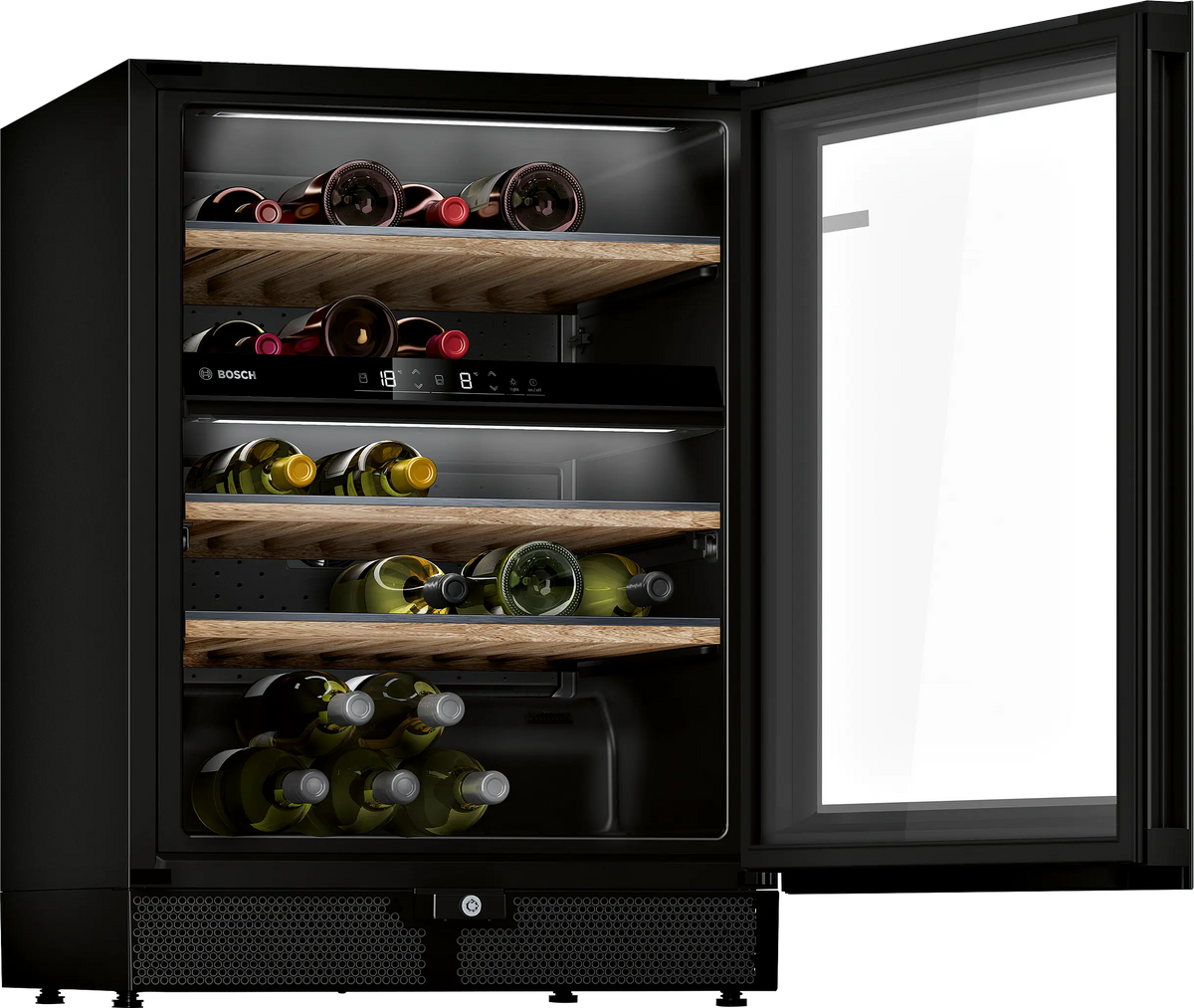 Åbnet lågen indtil Bosch KWK16ABGB fritstående vinkøleskab