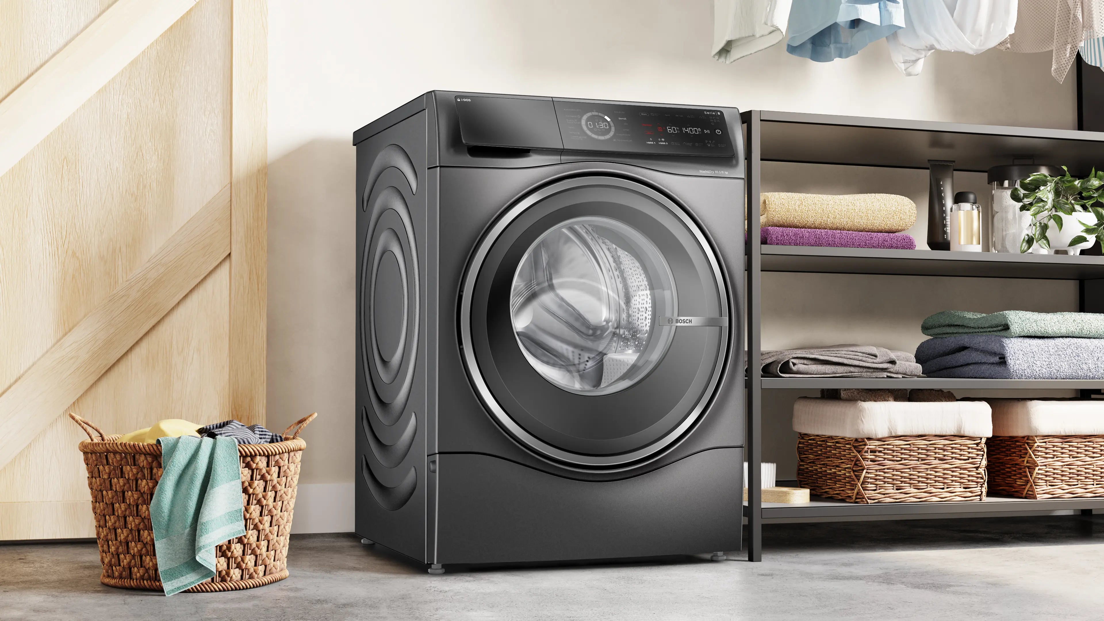 Bosch WNC254ARSN vaske-tørremaskine 10,5/6 kg placeret i vaskerummet