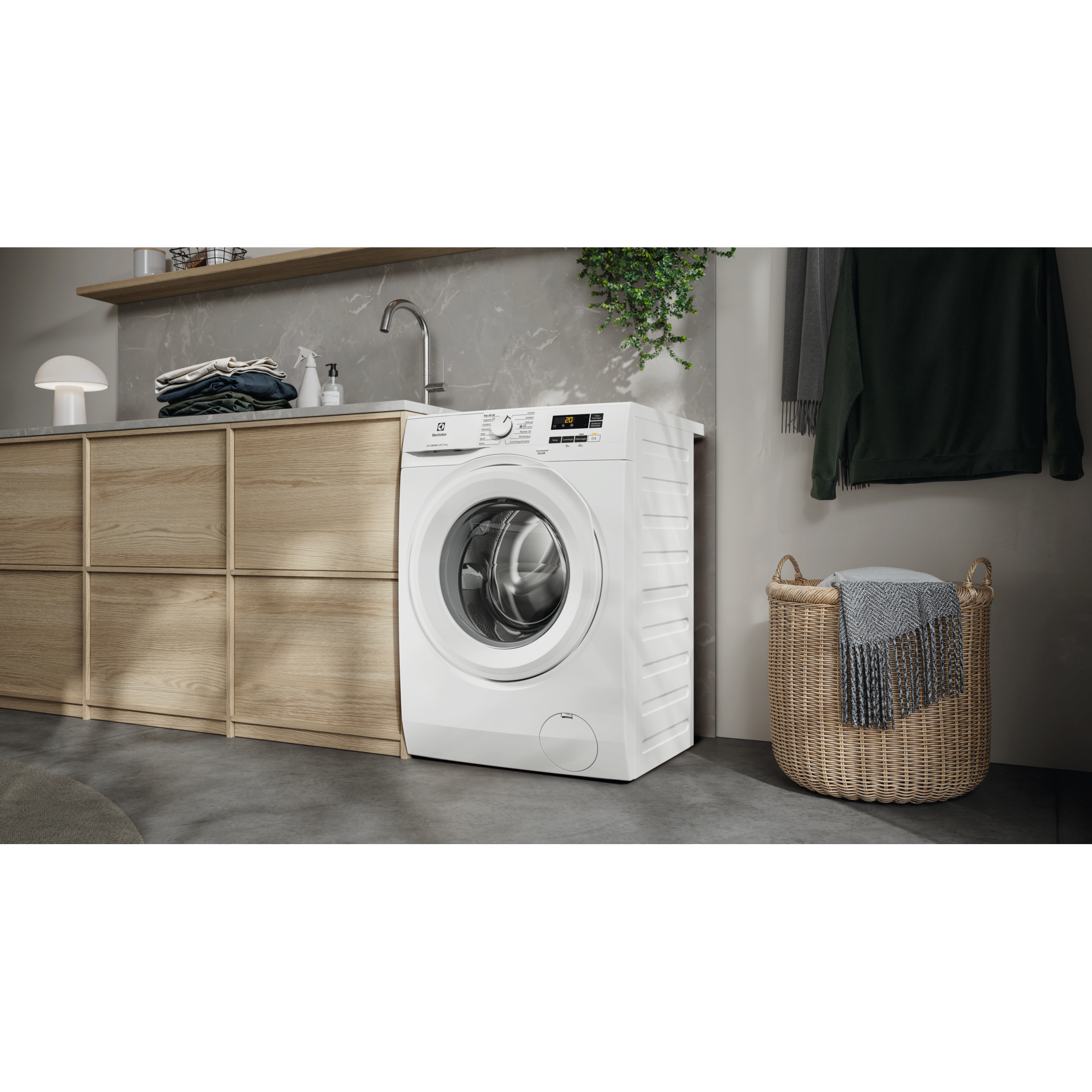 Den æstetiske Electrolux EFI611O84O vaskemaskine 8 kg placeret i vaskerummet