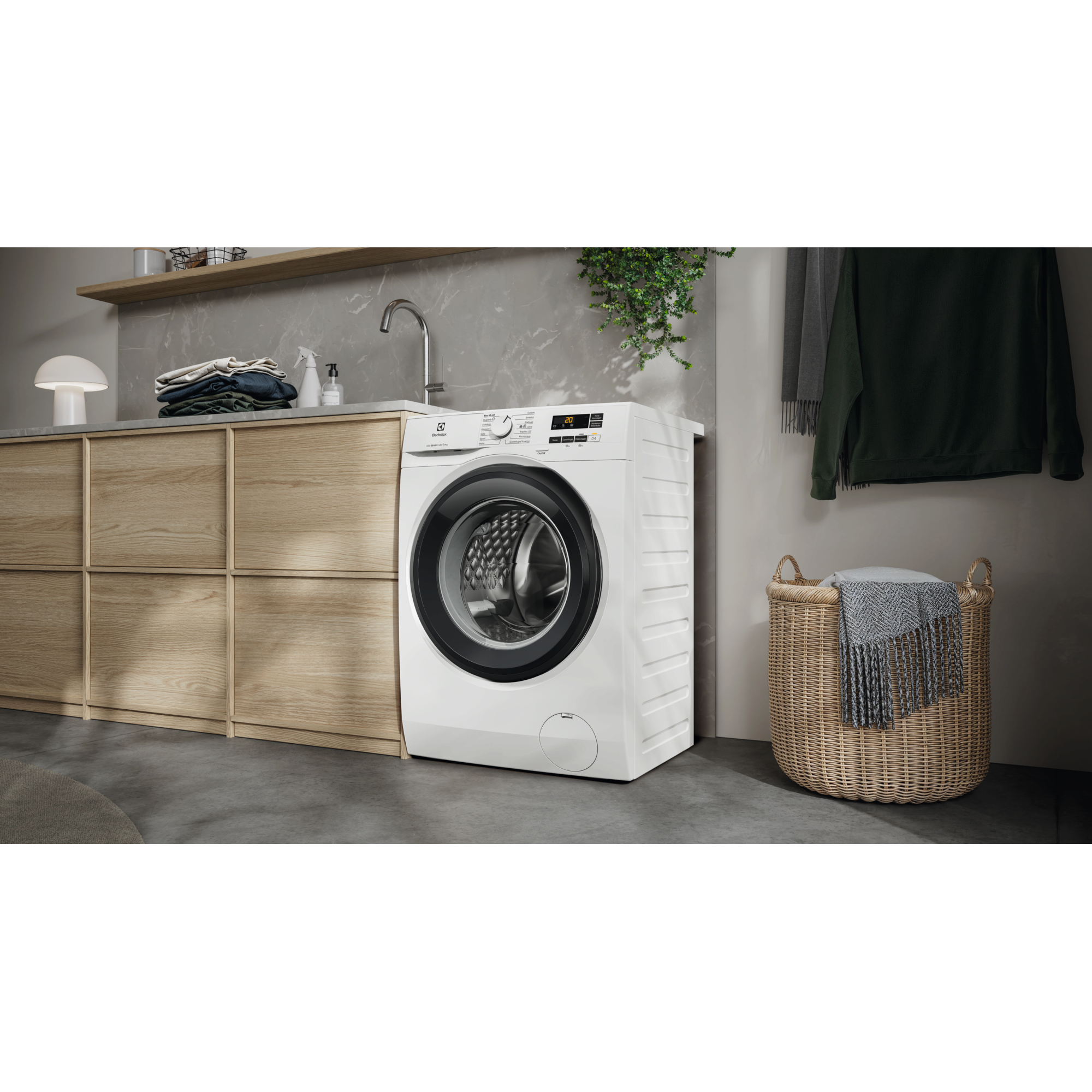 Den elegante designet Electrolux EFI612E84E vaskemaskine med 8 kg placeret i vaskerummet