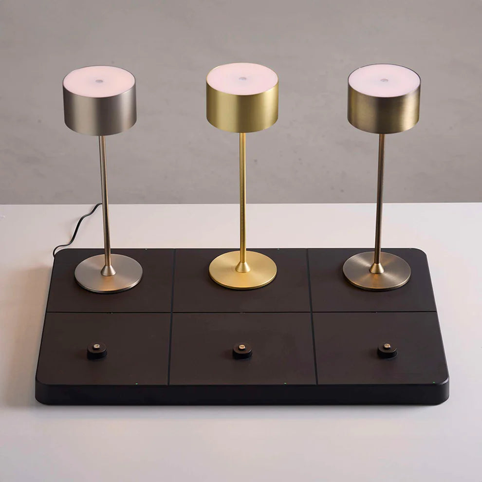 Den elegante designet Ladestation Trådløs til 6 Lamper i Sort placeret i stuen med 3 lamper til ladning