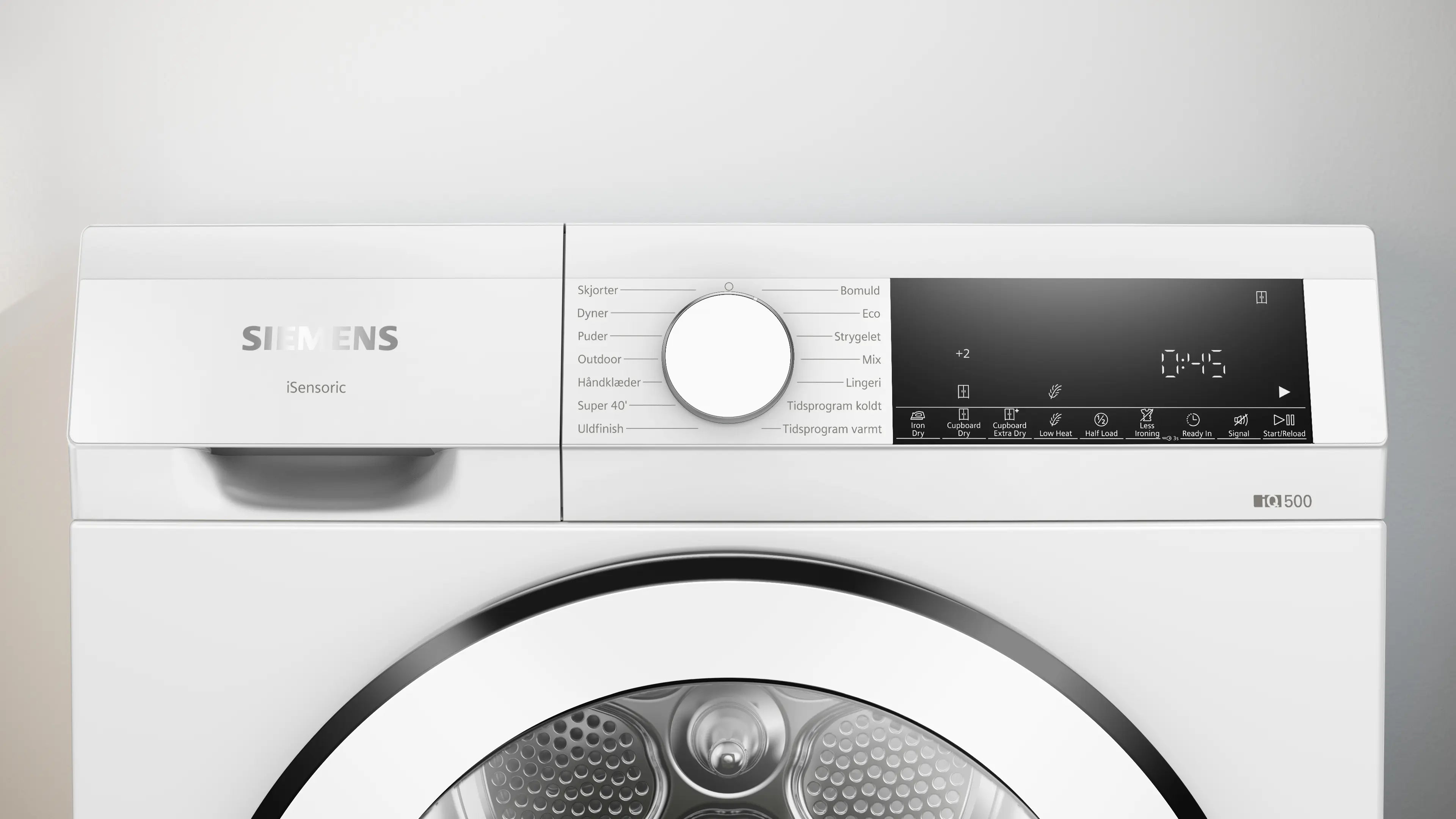 Zoomet ind på kontrolpanelet fra Siemens WQ42G20LDN tørretumbler med varmepumpe - 9 kg