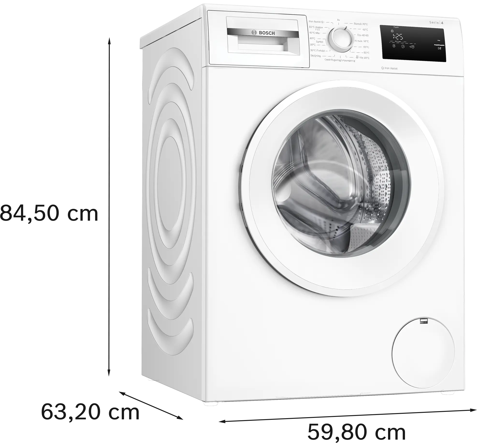 Mål på Bosch WAN2408LSN 8kg Hvid Frontbetjent Vaskemaskine