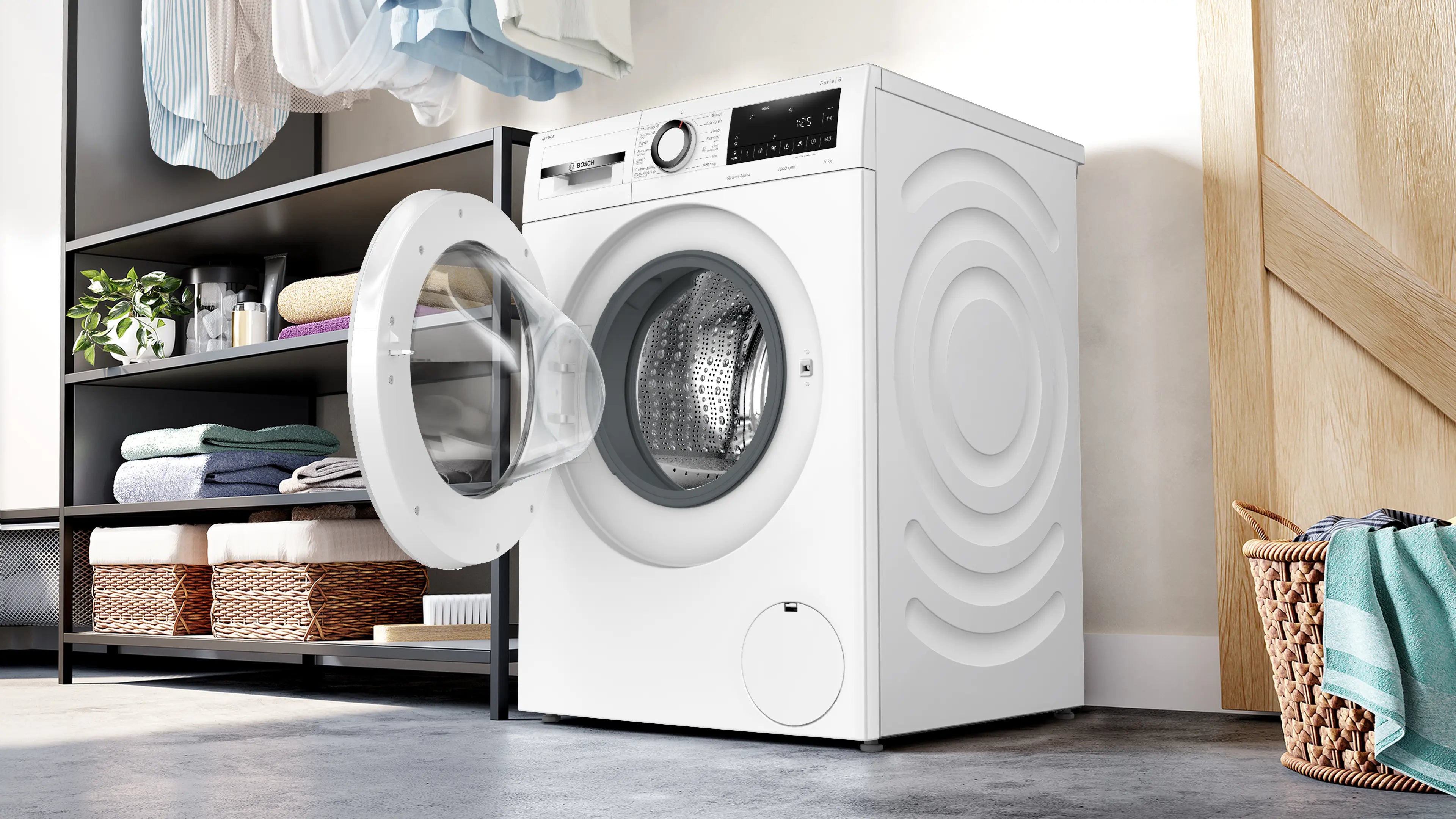 Den unikke Bosch WGG246F1SN vaskemaskine – 9 kg placeret i vaskerummet
