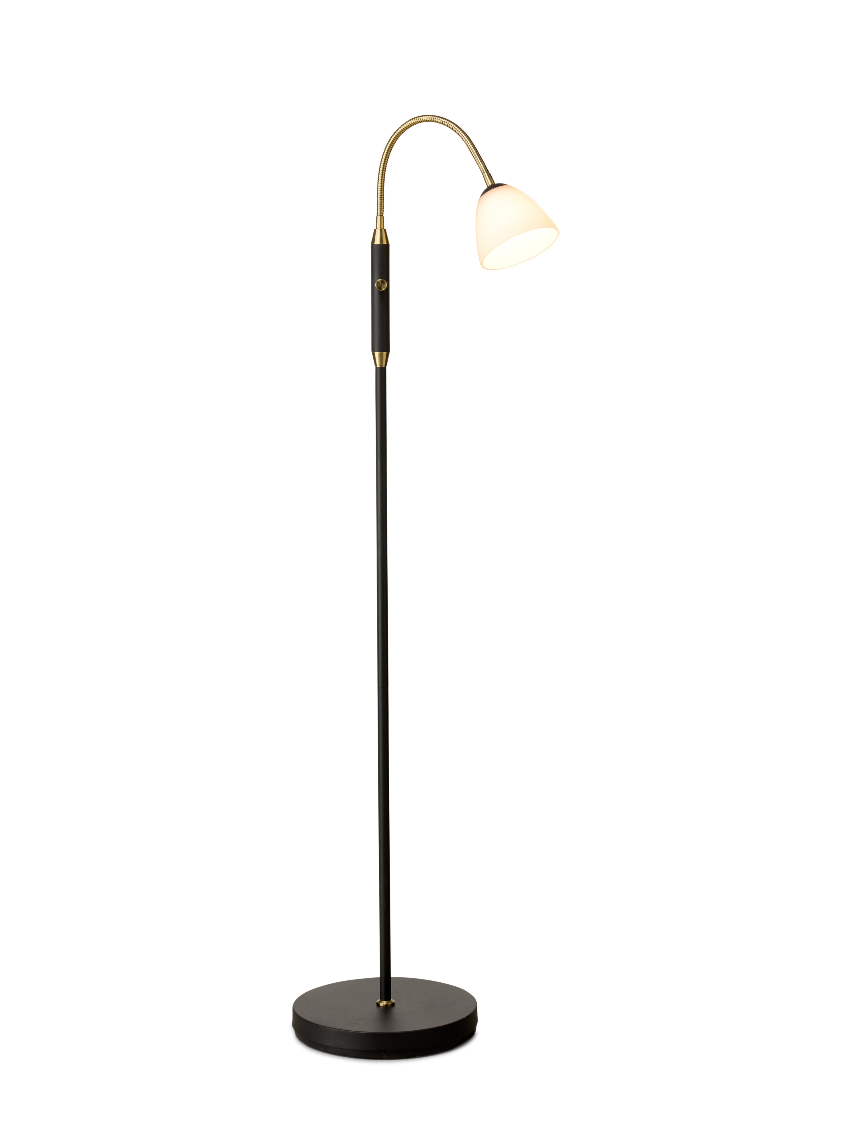 Den æstetiske Lucid LED 1-Arm Gulvlampe i Opal Antique placeret foran en hvid væg for dens flotte kontrast
