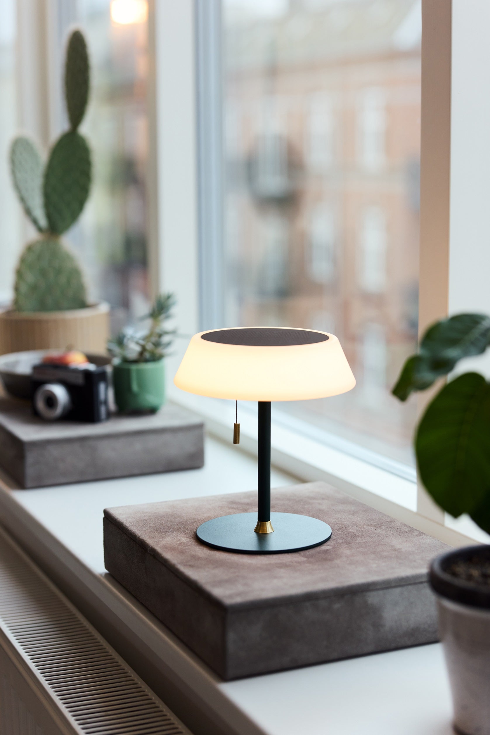 Halo Designs nye Solar Portable Table Lamp i Mørke Grøn indenfor i vindues kammen