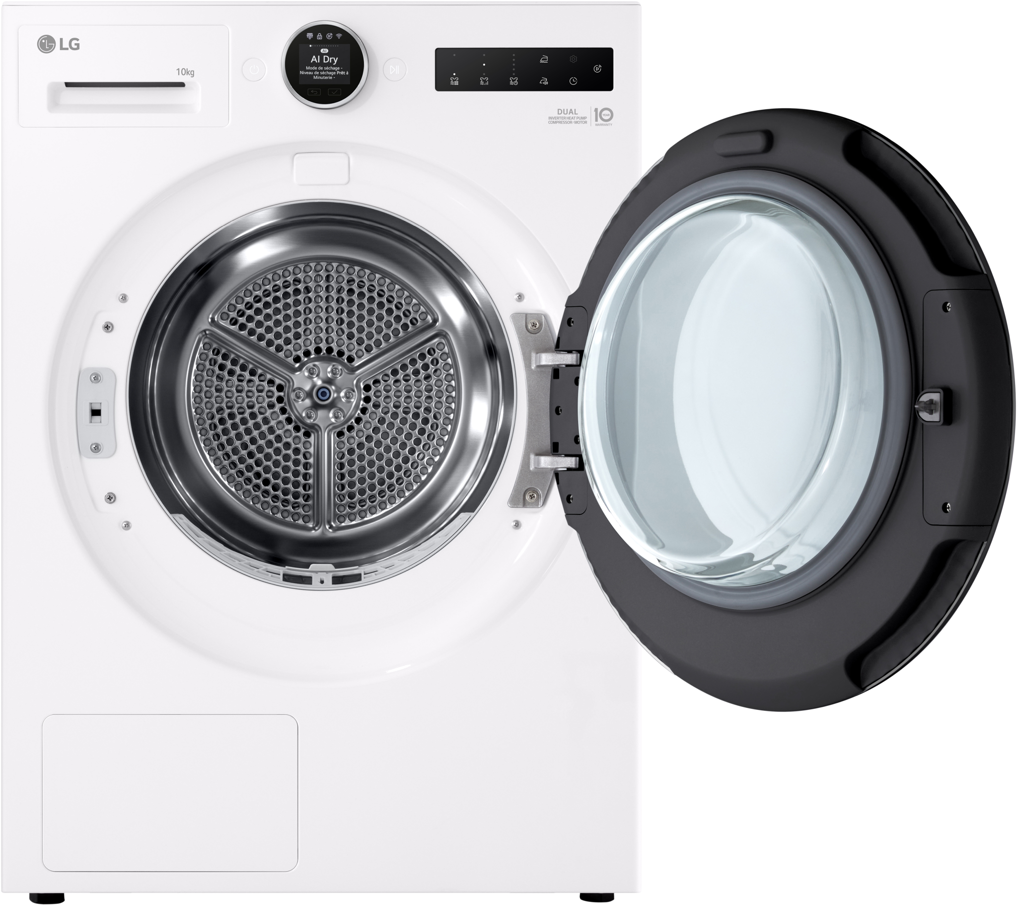 Åbnet låge til tumbleren på LG RHX7010TWS tørretumbler med varmepumpe