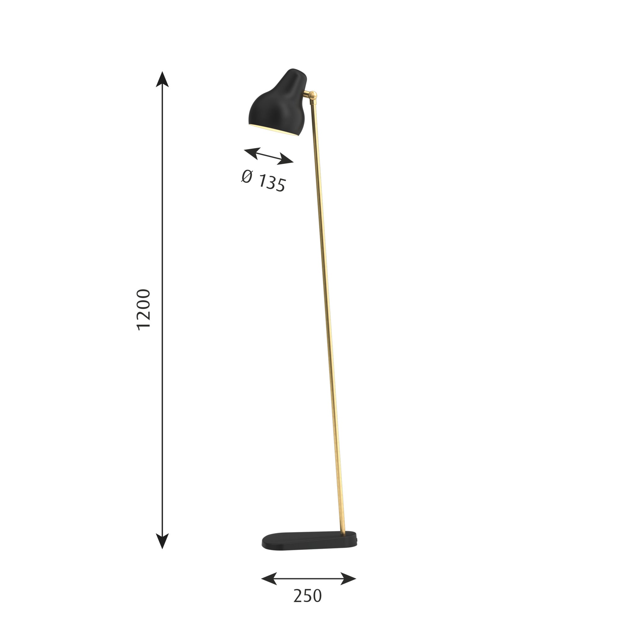 Målene på VL38 lampen i messing og sort