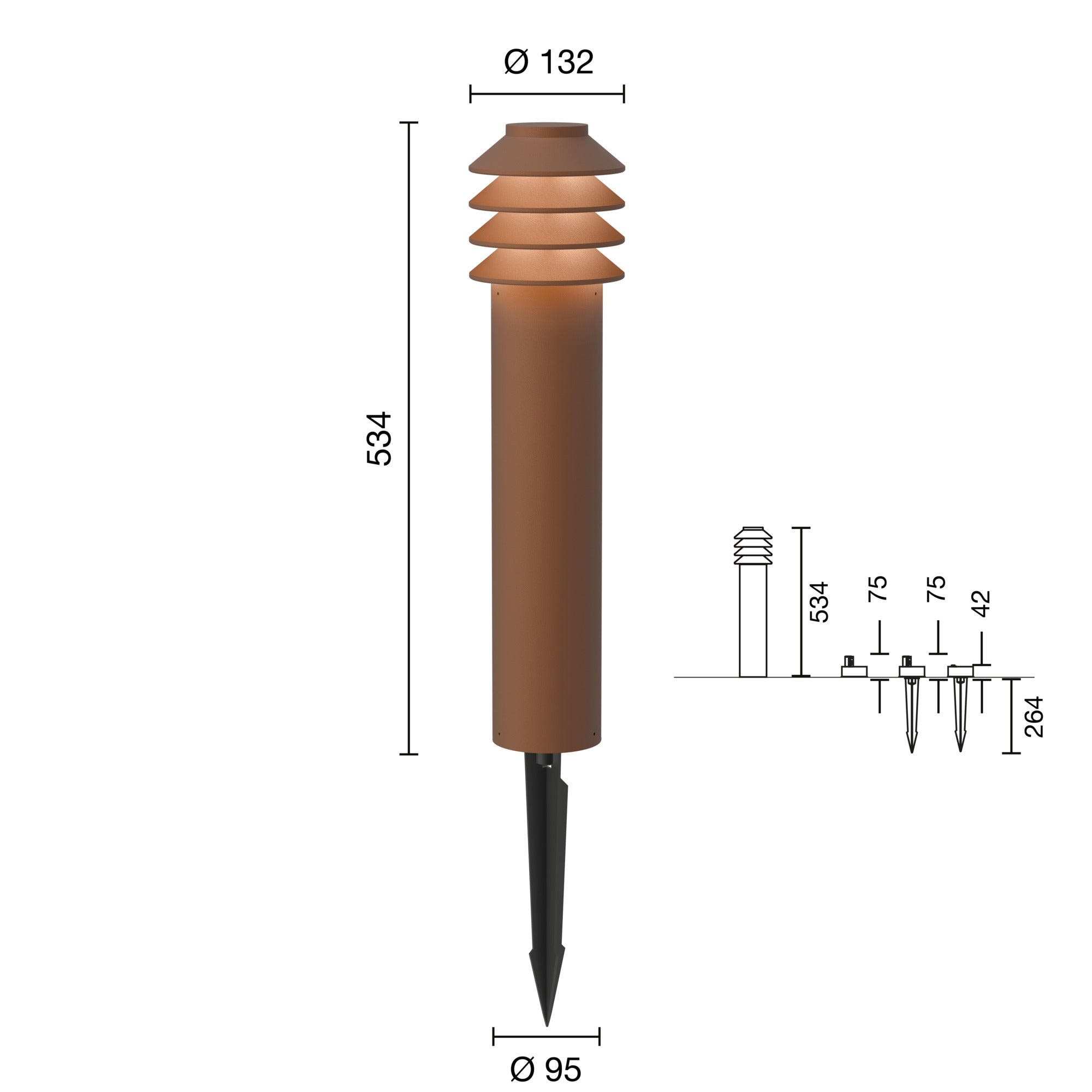 Mål på Bysted Garden Pullert Lang Spyd u Adapter m Connector LED 14W 2700K Corten