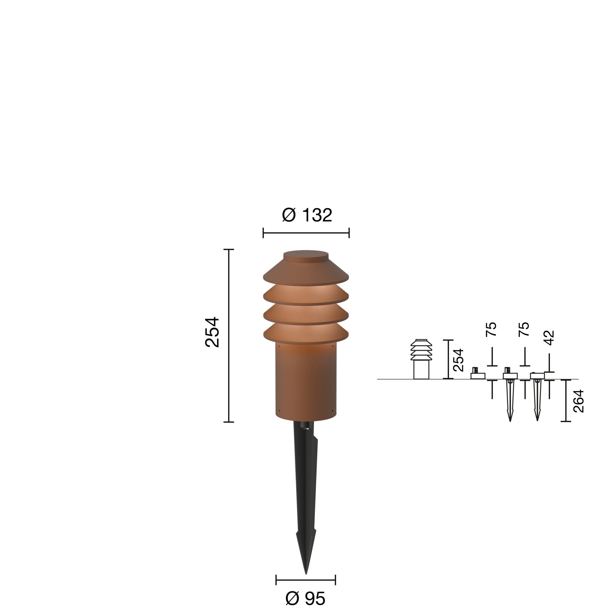 Bysted Garden Pullert Lav Spyd u Adapter m Connector LED 14W 2700K Corten med mål