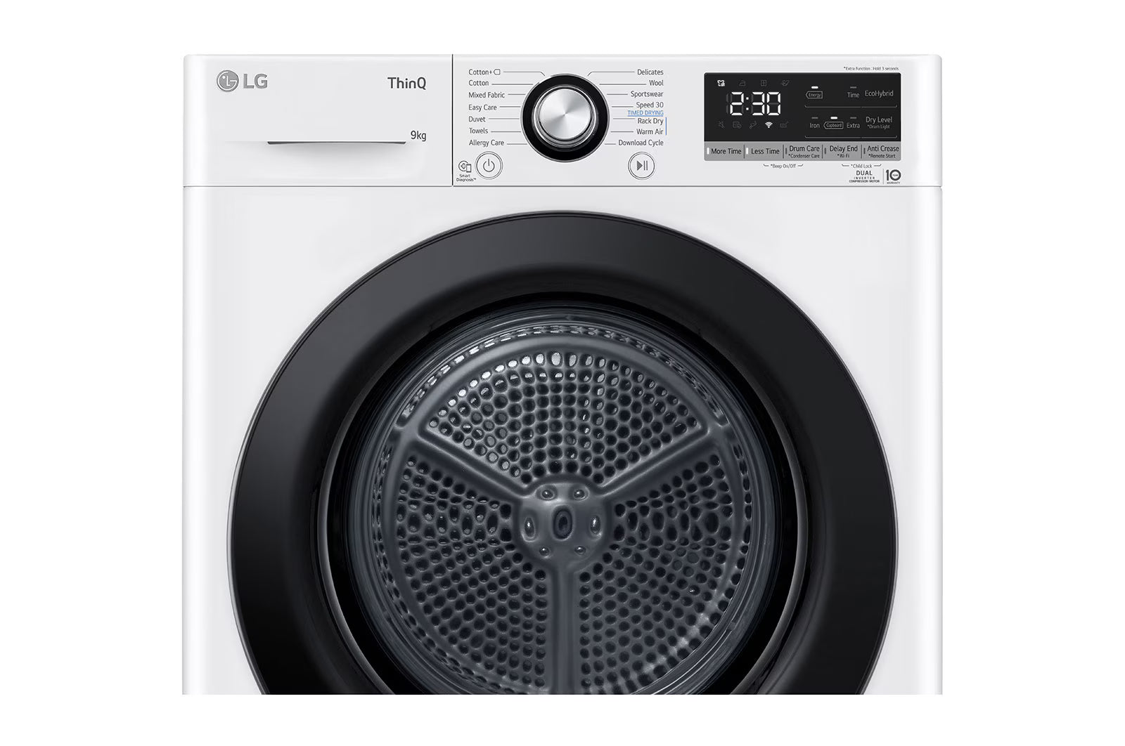 Zoomet ind på kontrolpanelet fra LG RV9DN9037 tørretumbler med varmepumpe