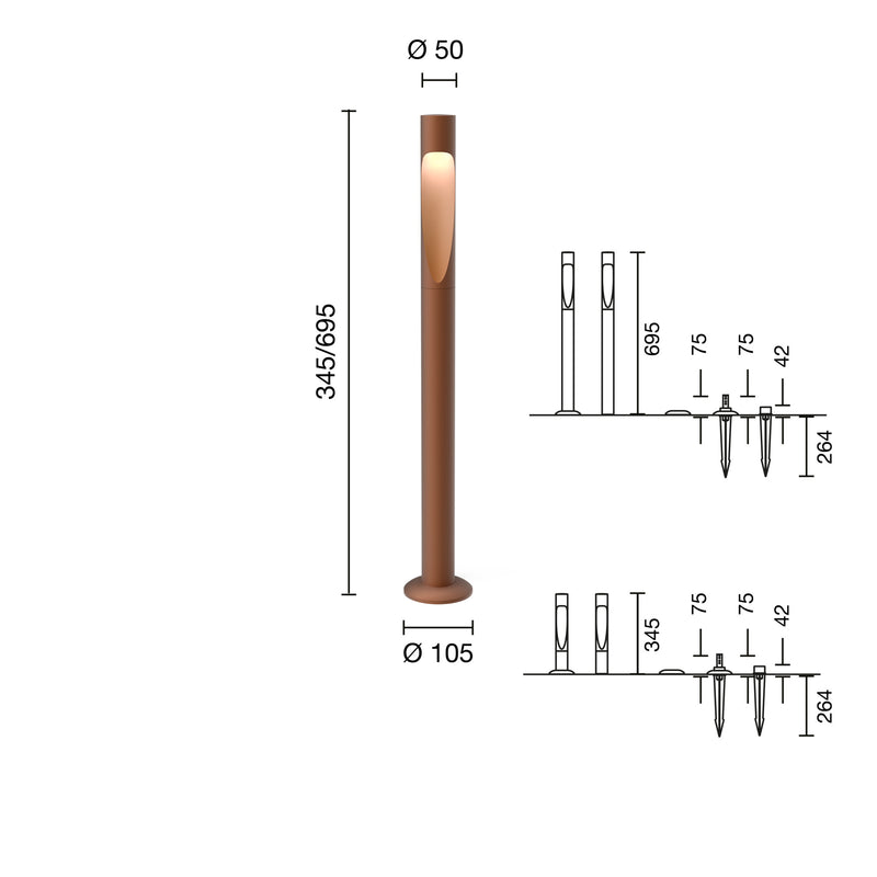Flindt Garden Pullert Corten Høj M/Fodplade og M/Adapter LED 2700K 6.5W