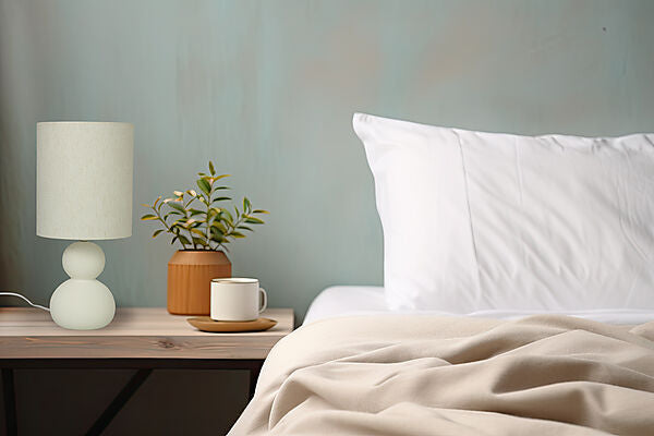 Den æstetiske Kalamata Bordlampe i Hvid placeret på sengebordet