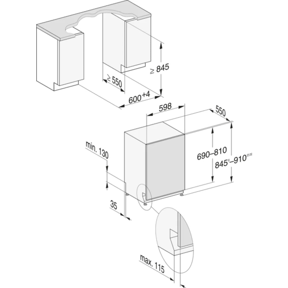 Mål på Miele G5867 SCVi XXL NER ED Active Plus fuldintegrerbar opvaskemaskine