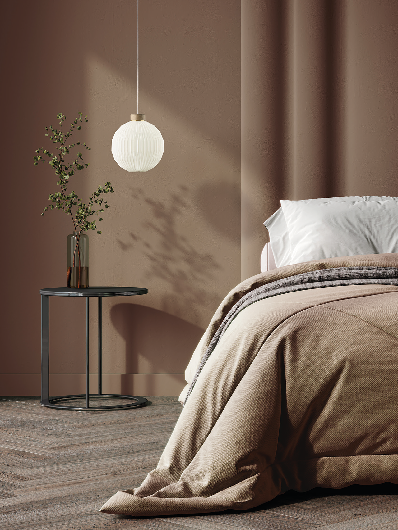 Den unikke designet LE KLINT Model 180 Pendel M hængt op ved siden af sengen