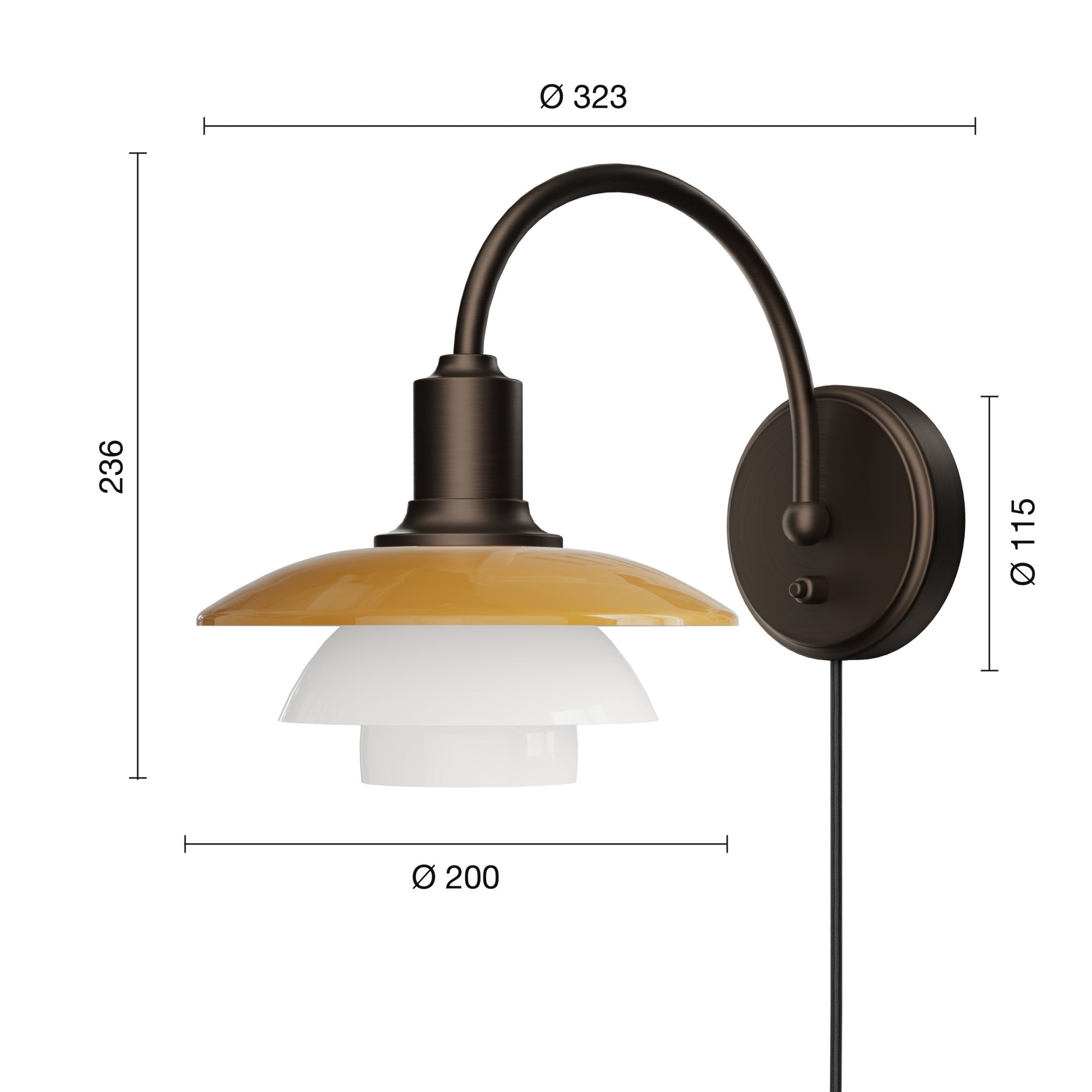 Mål på PH 2/2 Centenary Edition Amber/Opal White væglampe m/ ledning m/ afbryder