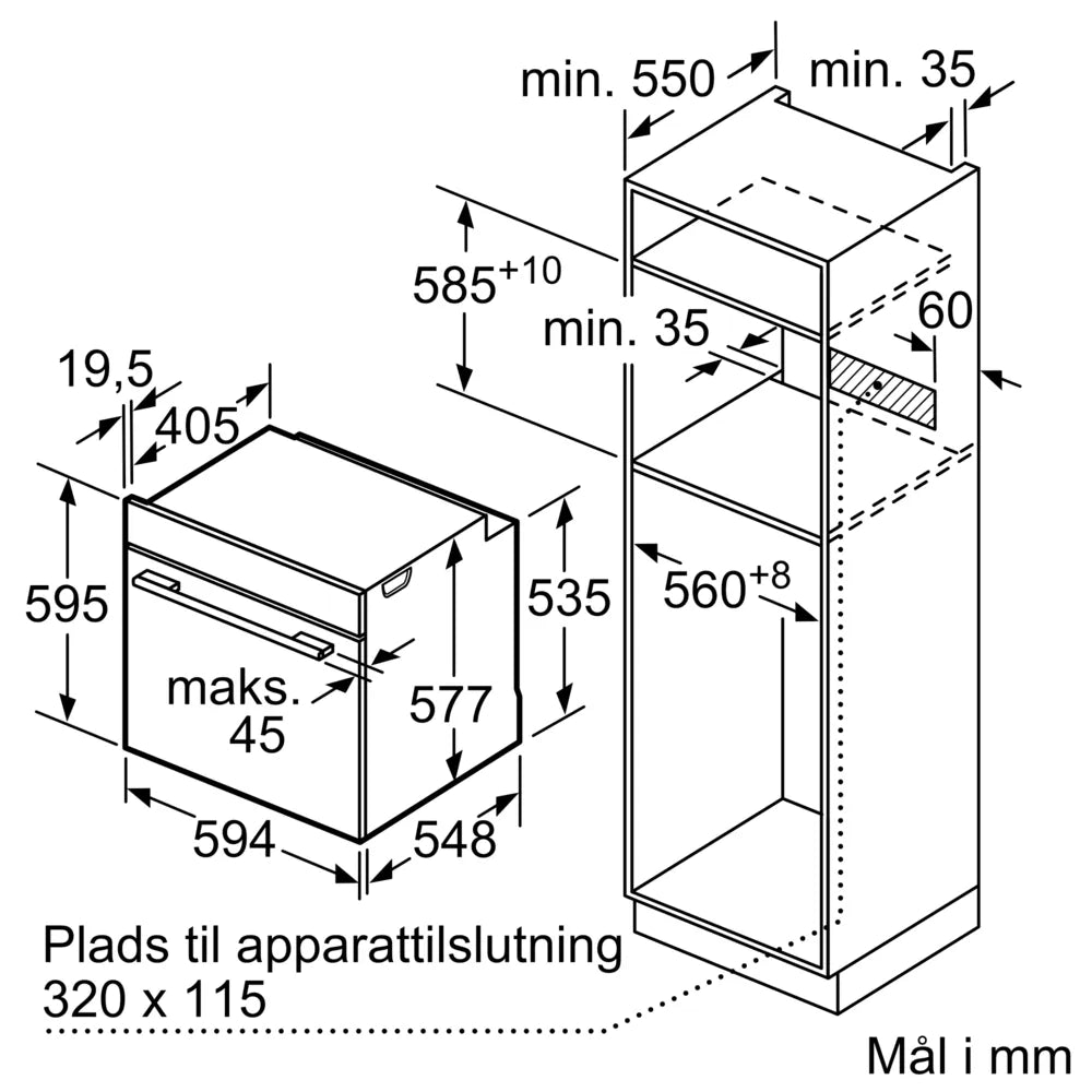 Mål på Siemens HB674GBS1 Indbygningsovn