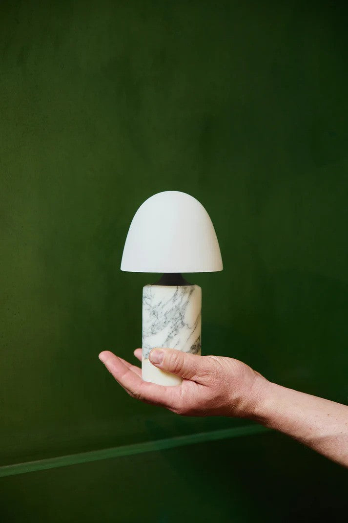 Den unikke designet Fuse Portable Bordlampe løftet op foran en grøn væg for en flot kontrast