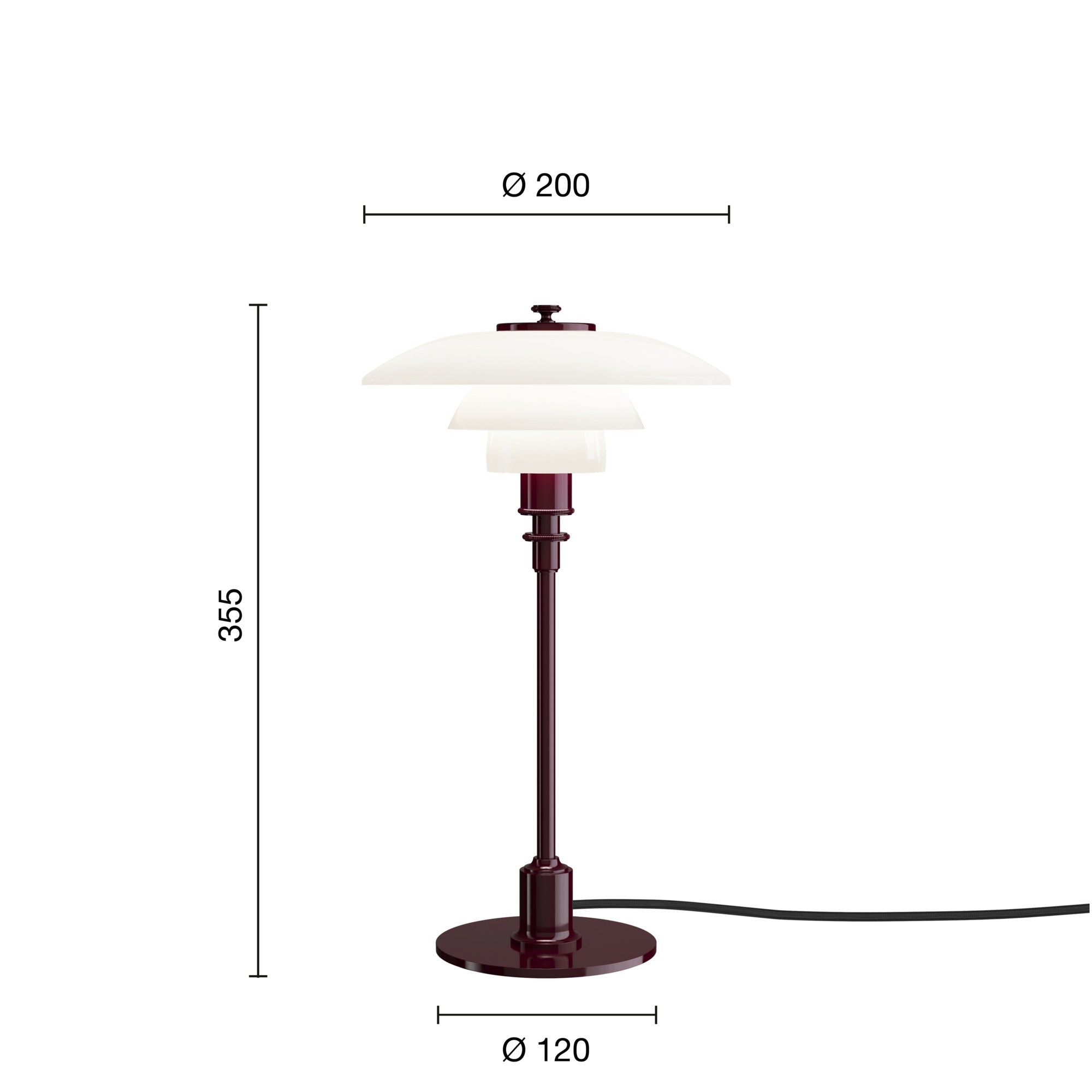 Mål på PH 2/1 Glossy Burgundy bordlampe