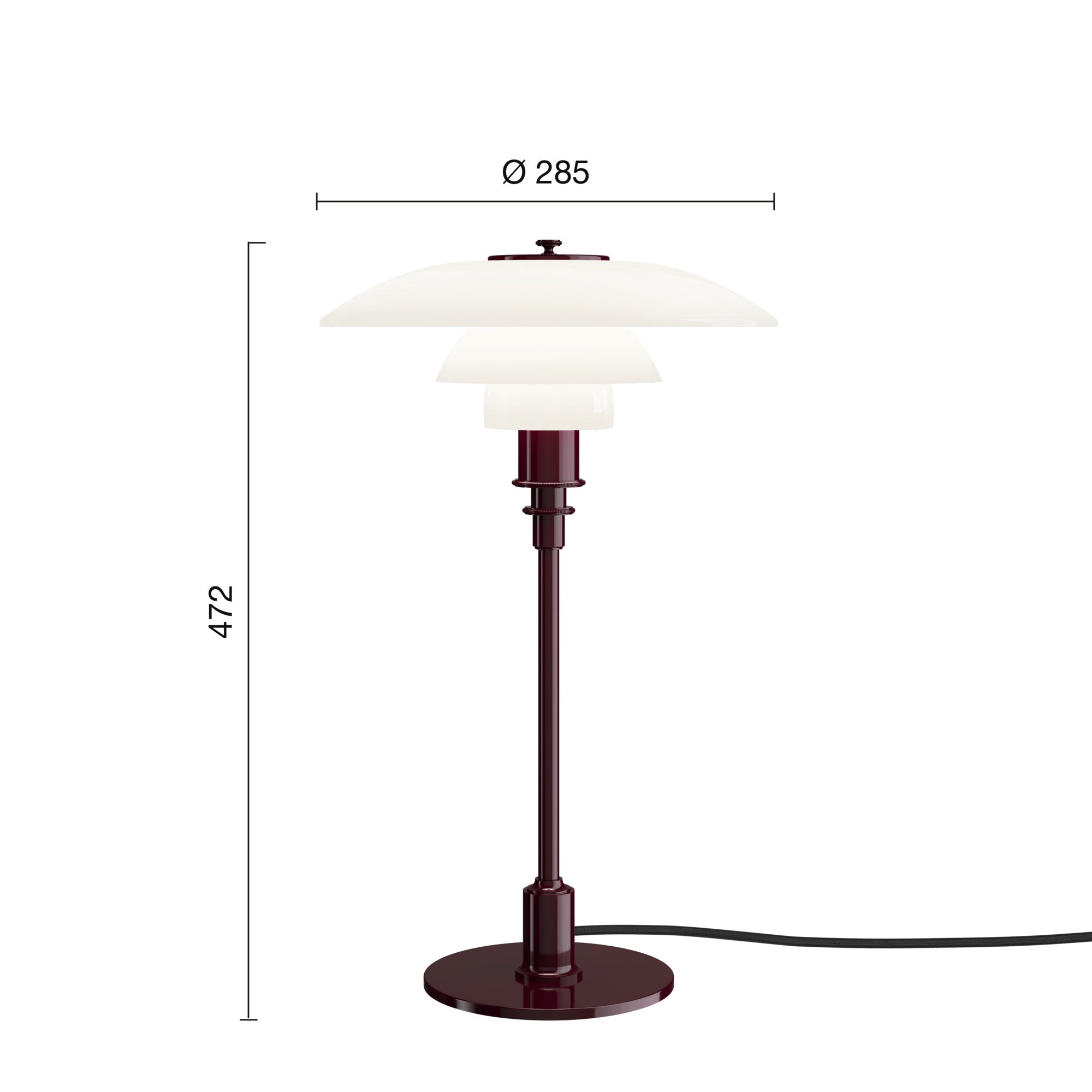 Mål på PH 3/2 Glossy Burgundy bordlampe